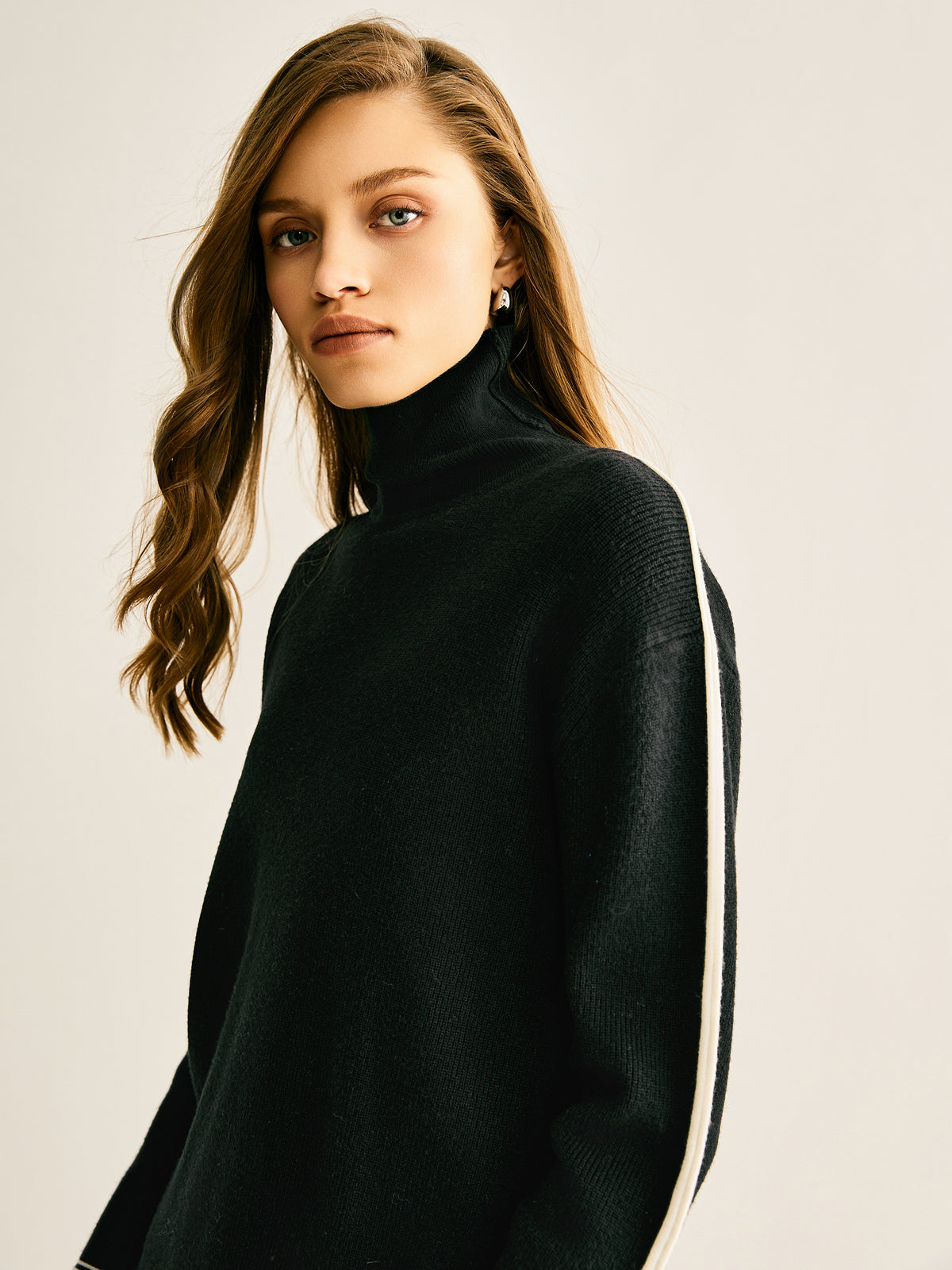 Side Contrast-Striped Turtleneck Sweater