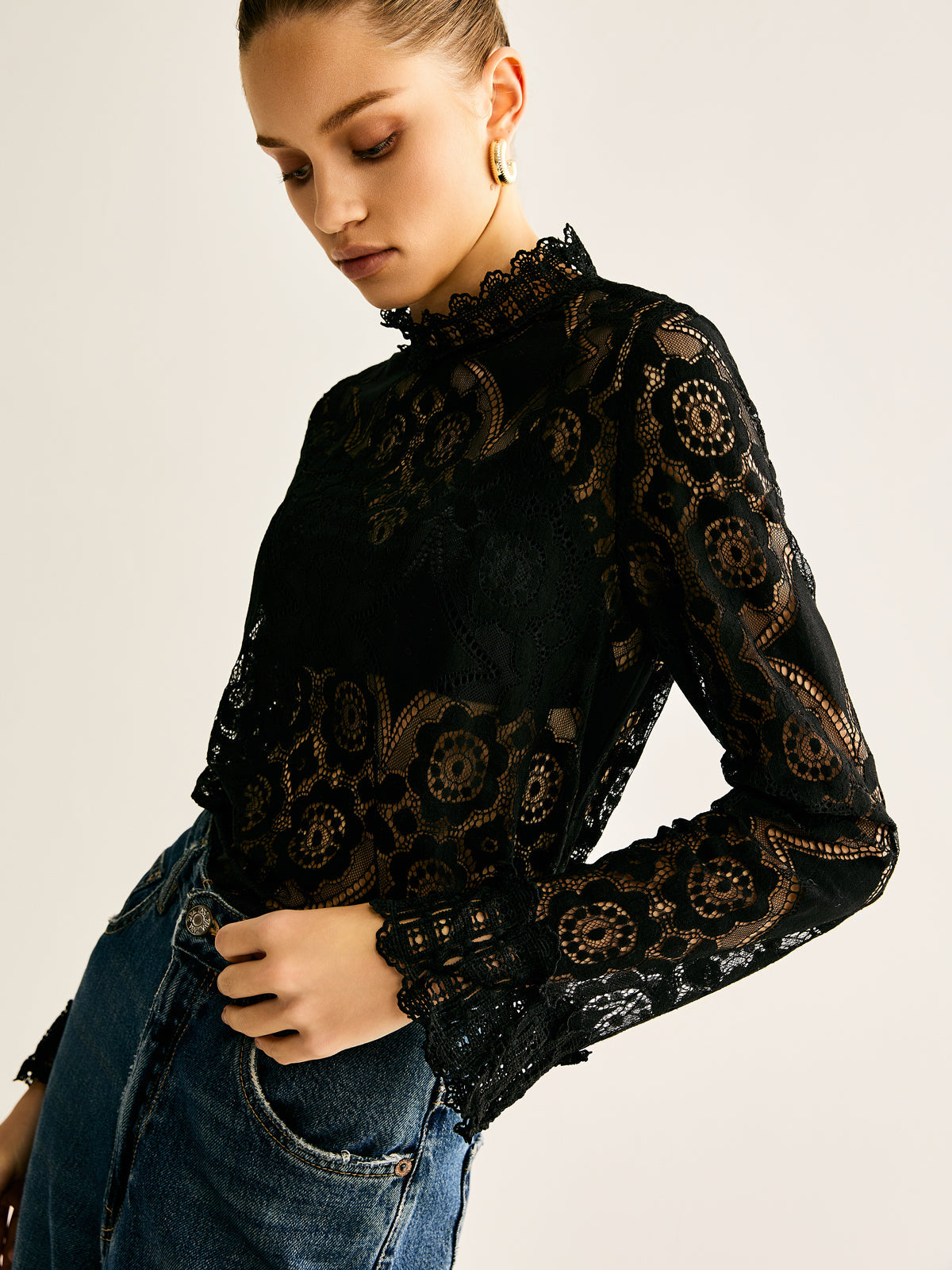 Lace Embroidery Floral Mock Neck T-Shirt