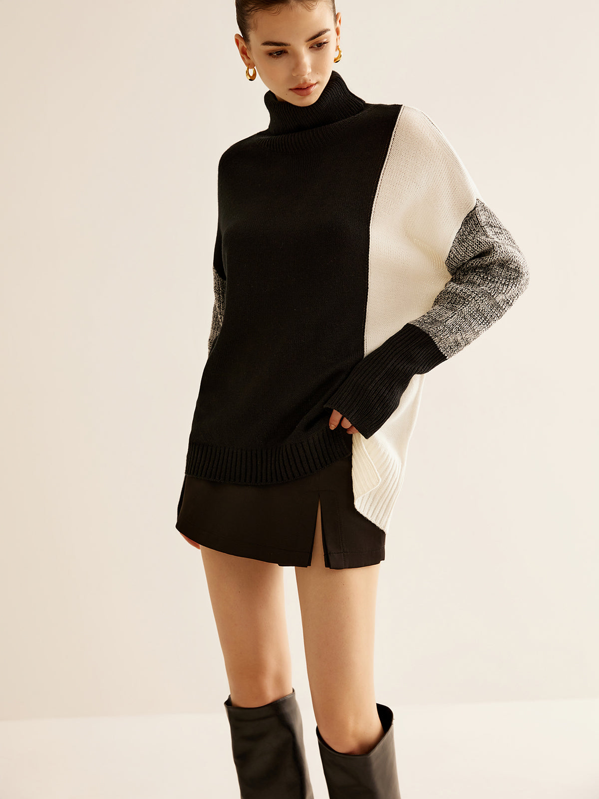 Oversized Turtleneck Color Block Knit Top