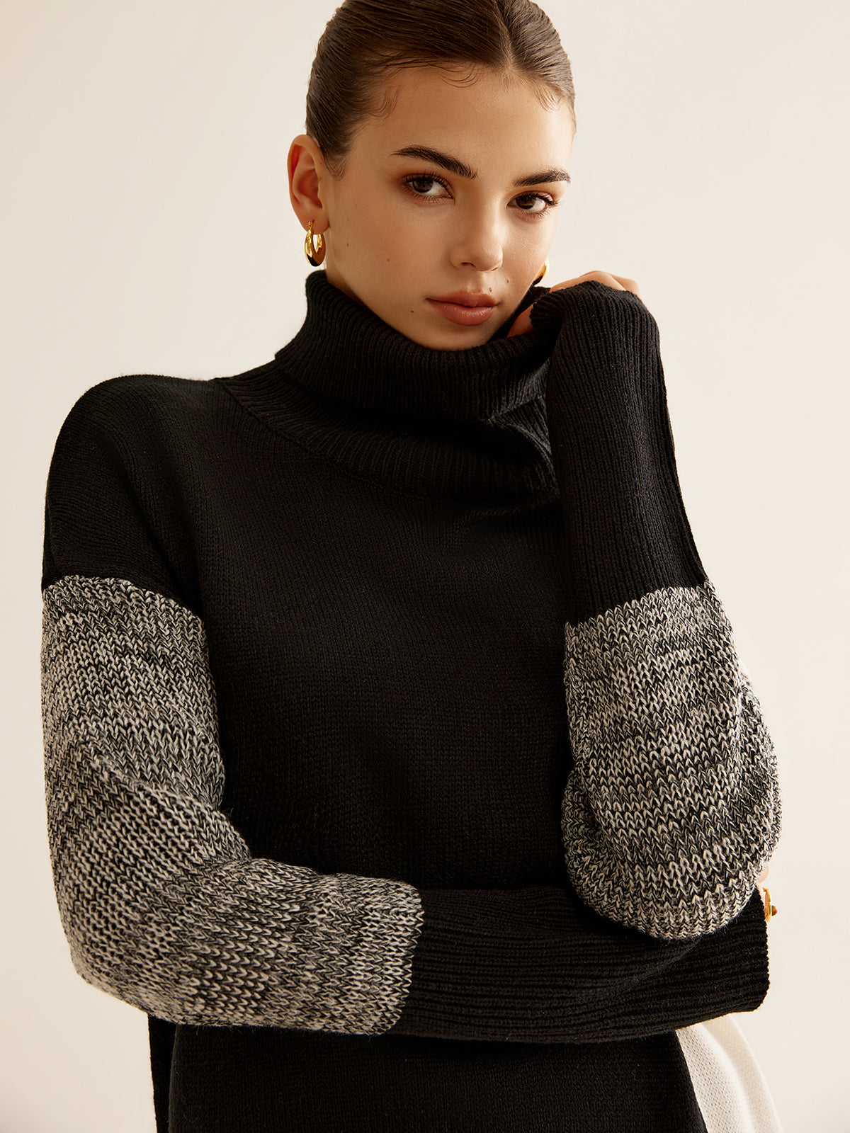 Oversized Turtleneck Color Block Knit Top