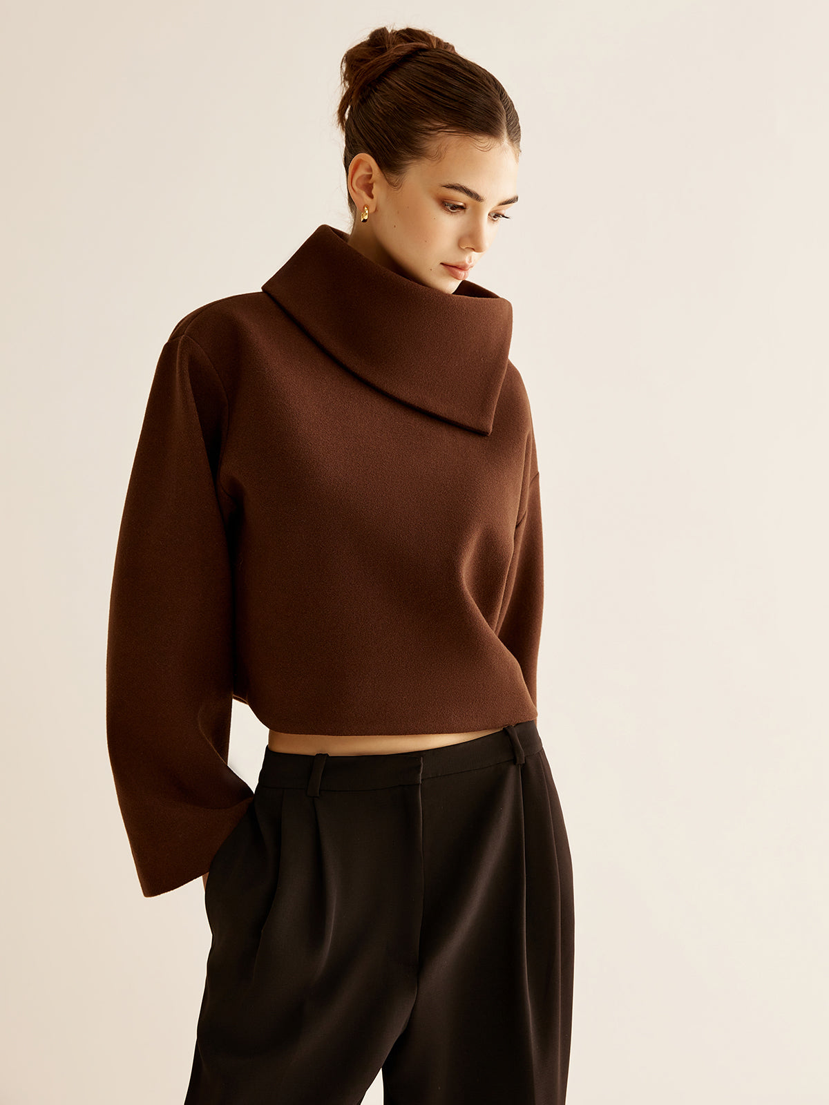 Plain Turtleneck Tweed Top