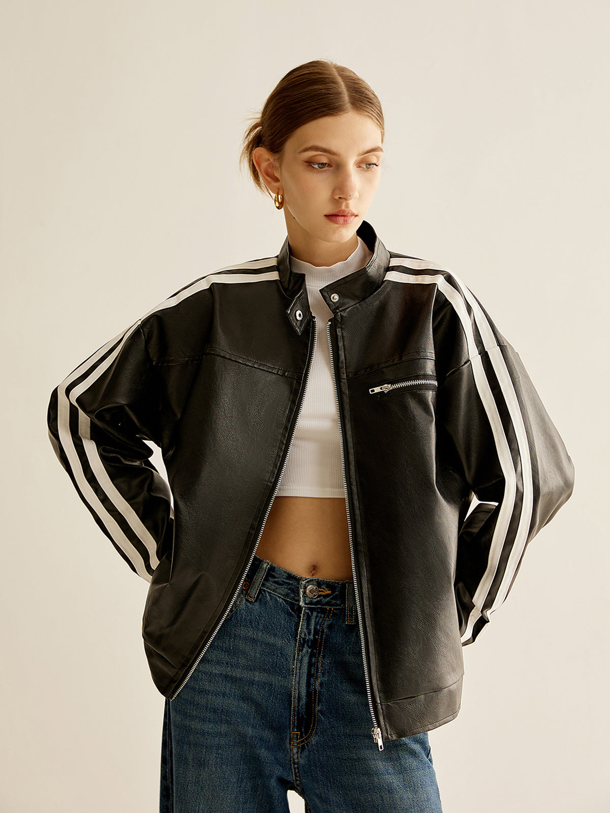 Side Contrast Striped PU Leather Jacket