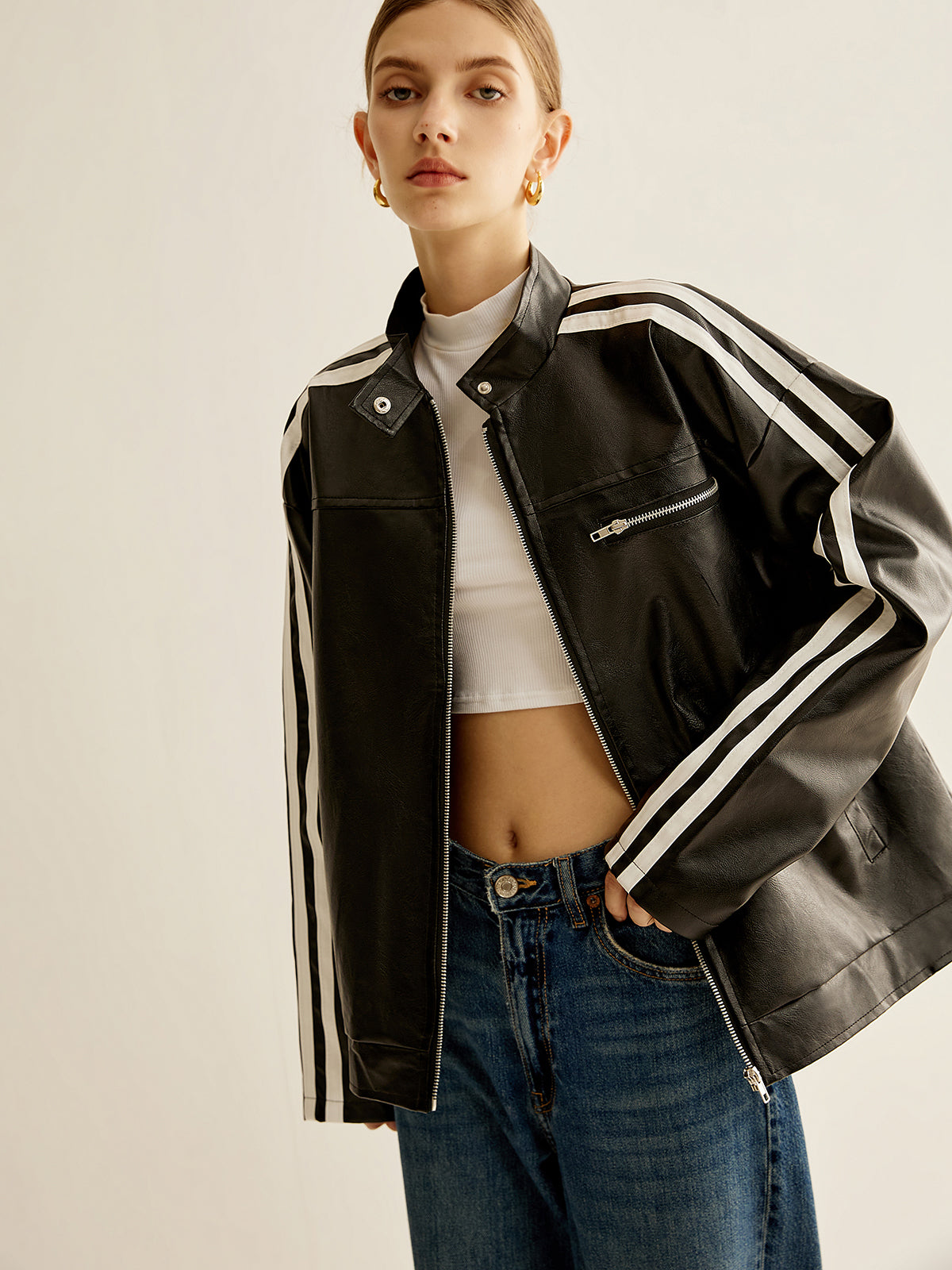 Side Contrast Striped PU Leather Jacket