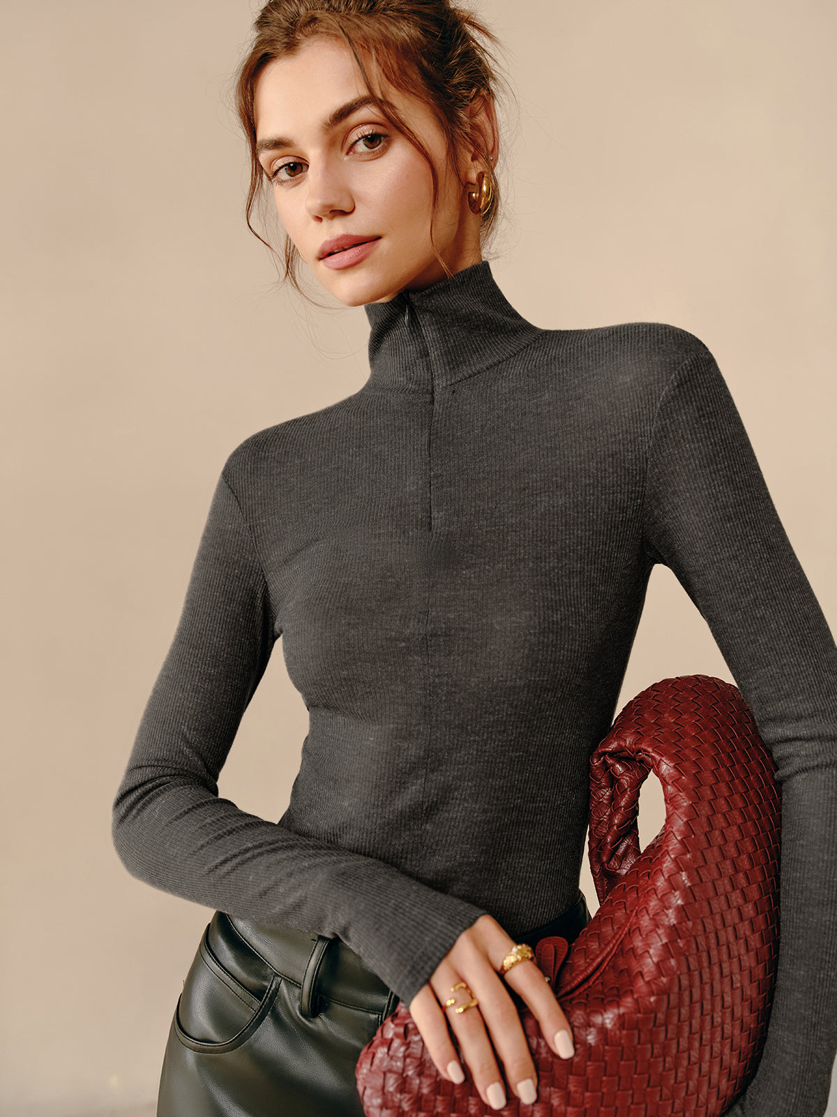 Turtleneck Ribbed Zipper T-Shirt