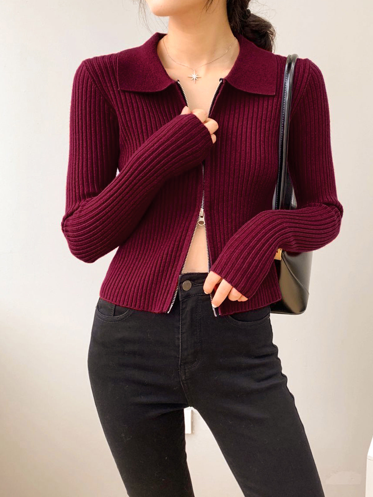 Double-Zip Ribbed Petite Sweater