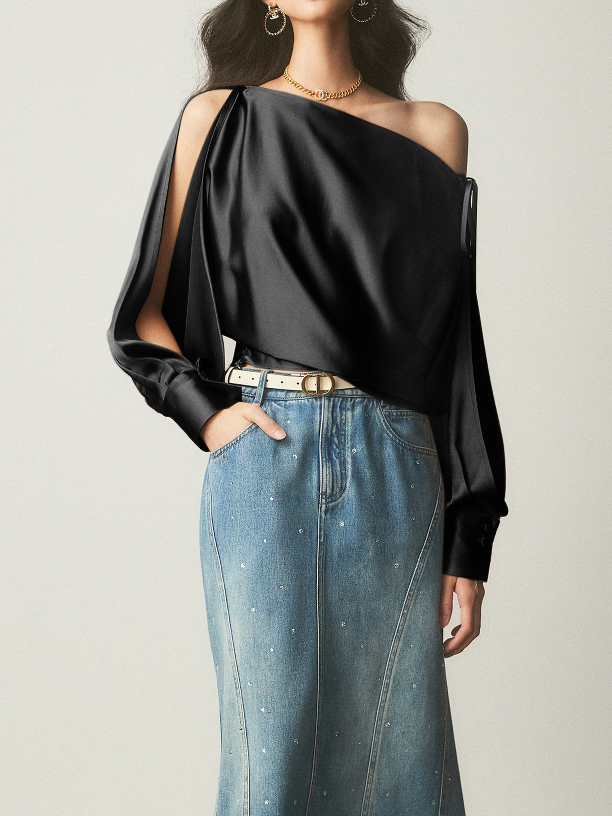 Satin Asymmetrical Cold Shoulder Tied Blouse