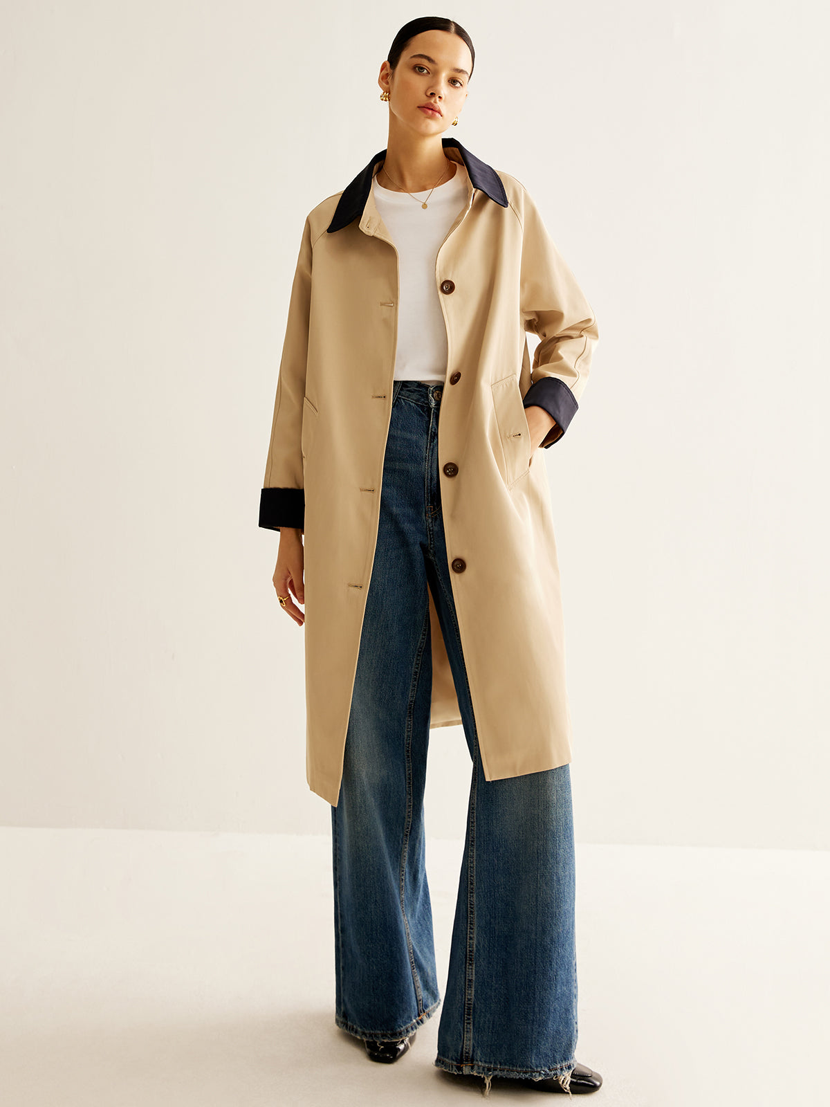 Contrast Binding Long Trench Coat