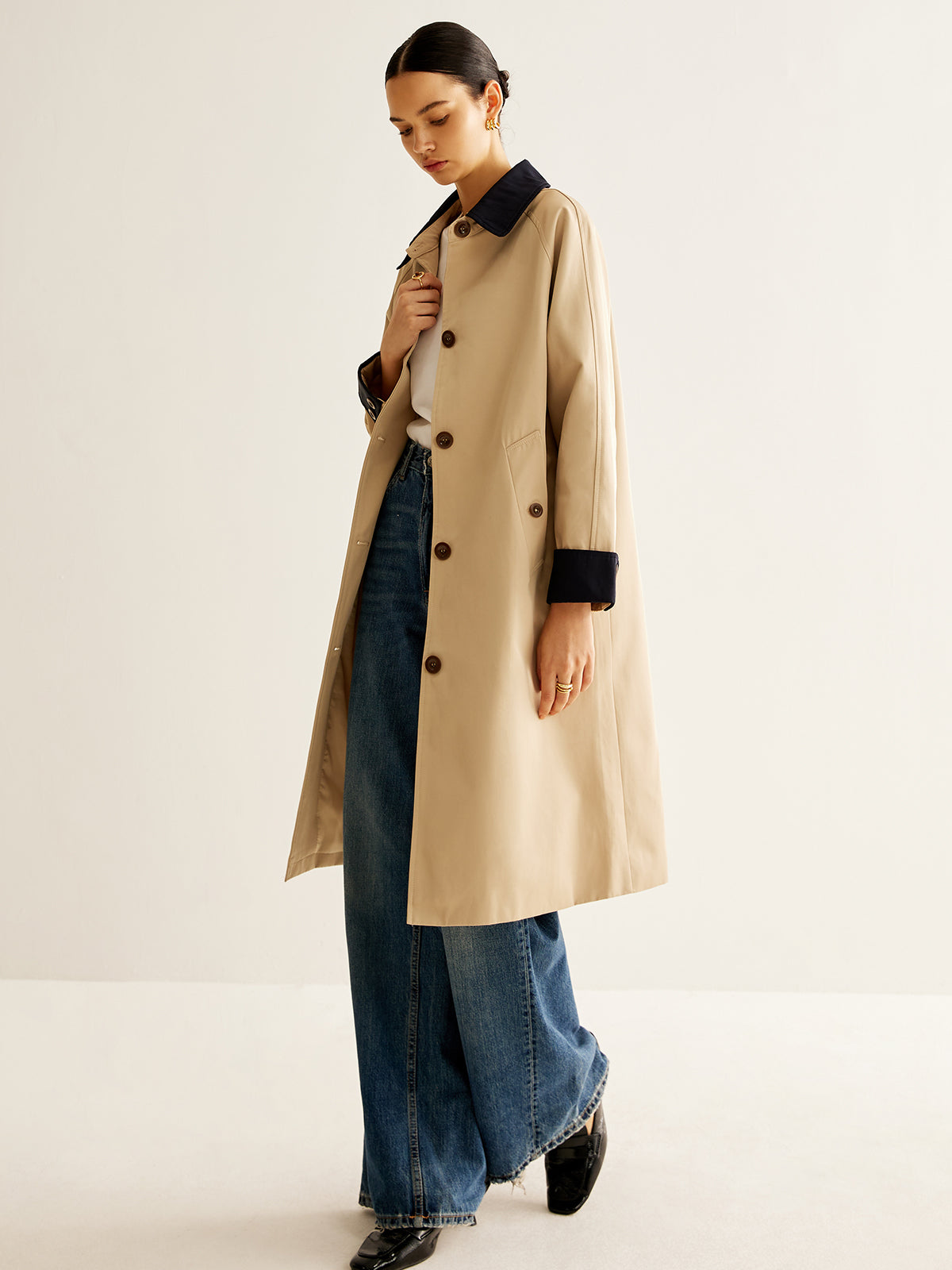 Contrast Binding Long Trench Coat