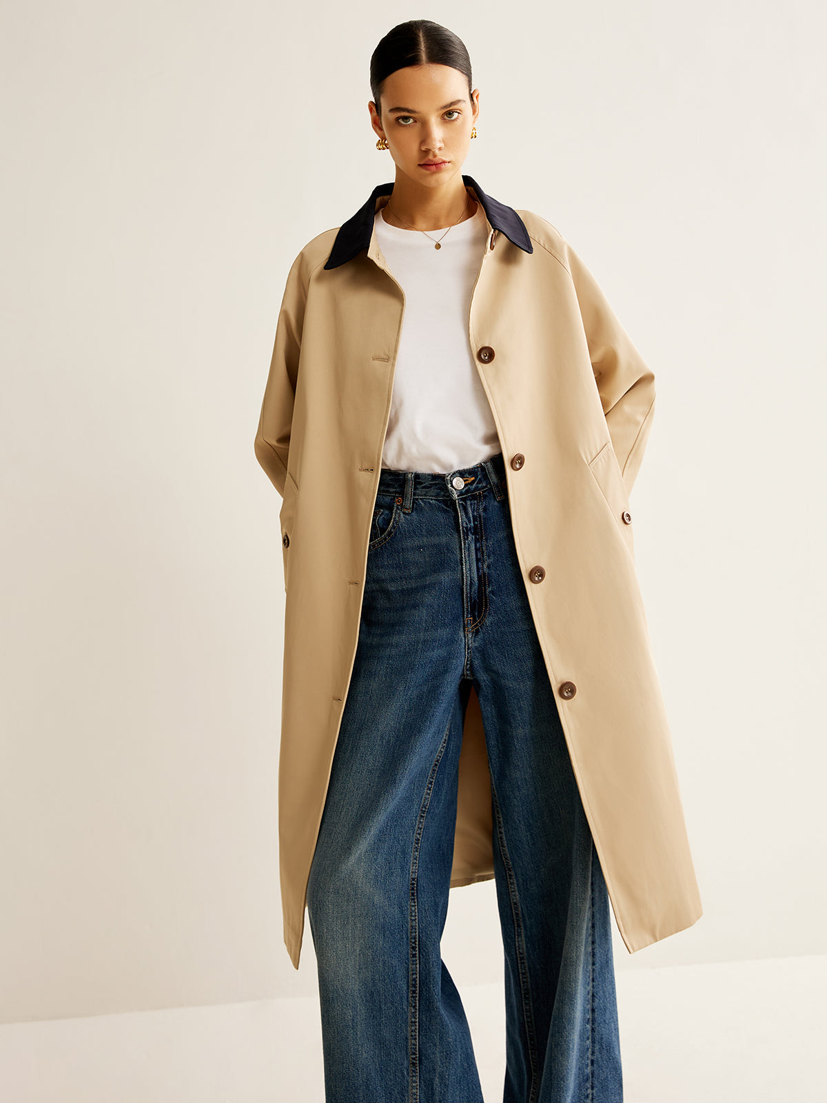 Contrast Binding Long Trench Coat