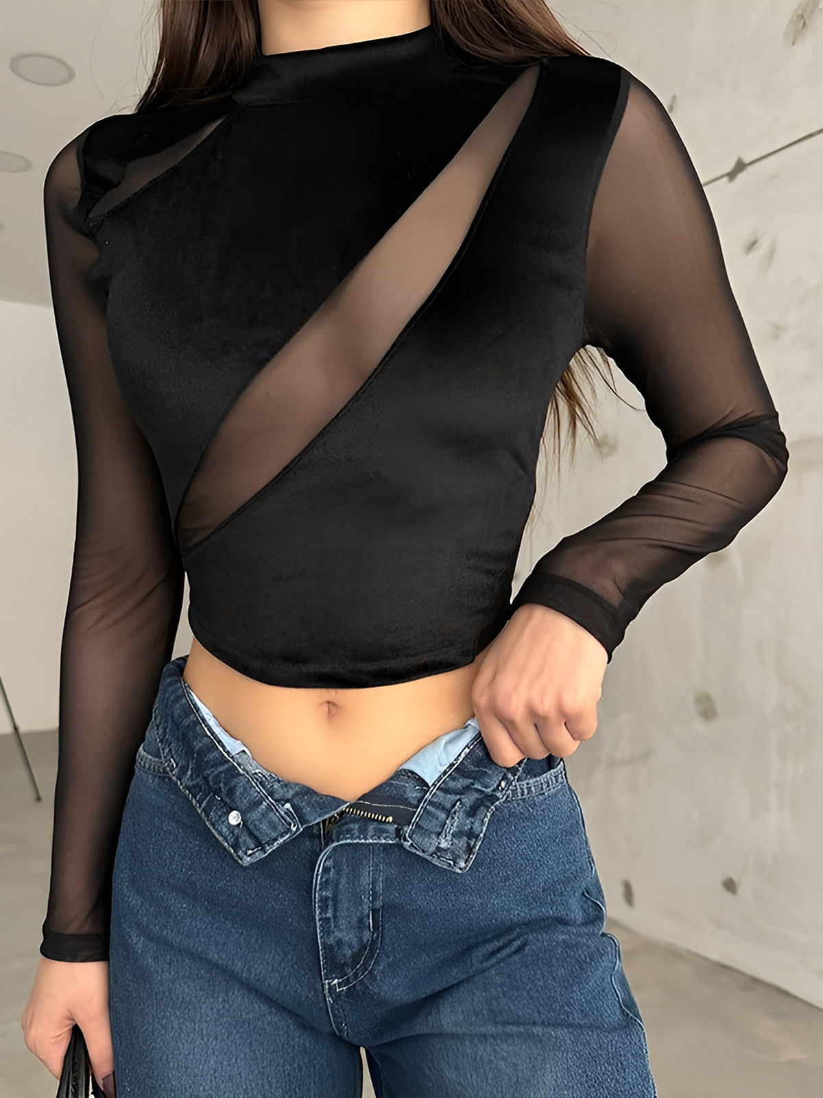 Velvet Panel Sheer Crop T-Shirt