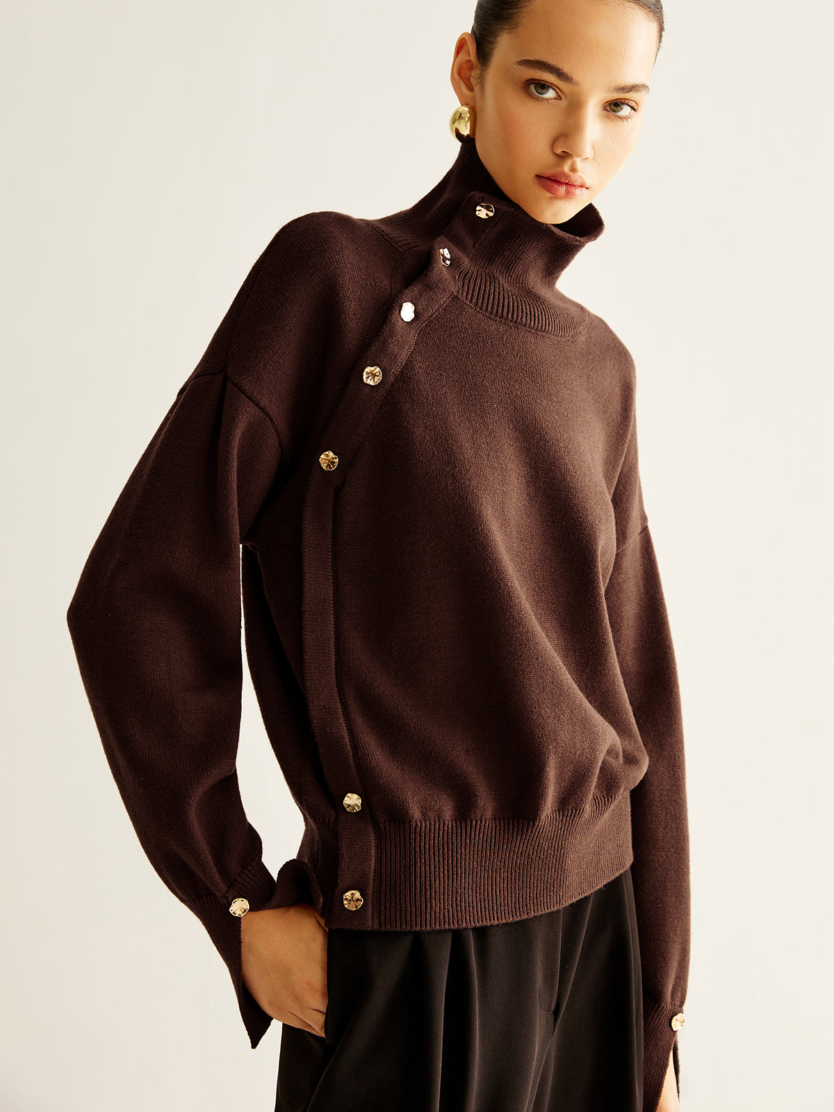 Turtleneck Asymmetrical Button Sweater