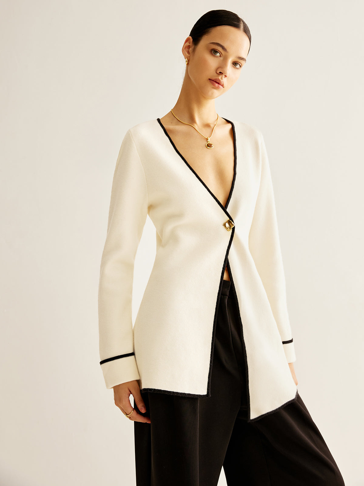 Wool-Blend Contrast Trim Slit Cardigan