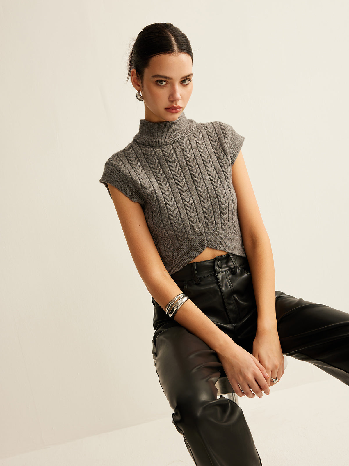 Cable-Knit Mock Neck Crop Sweater Vest