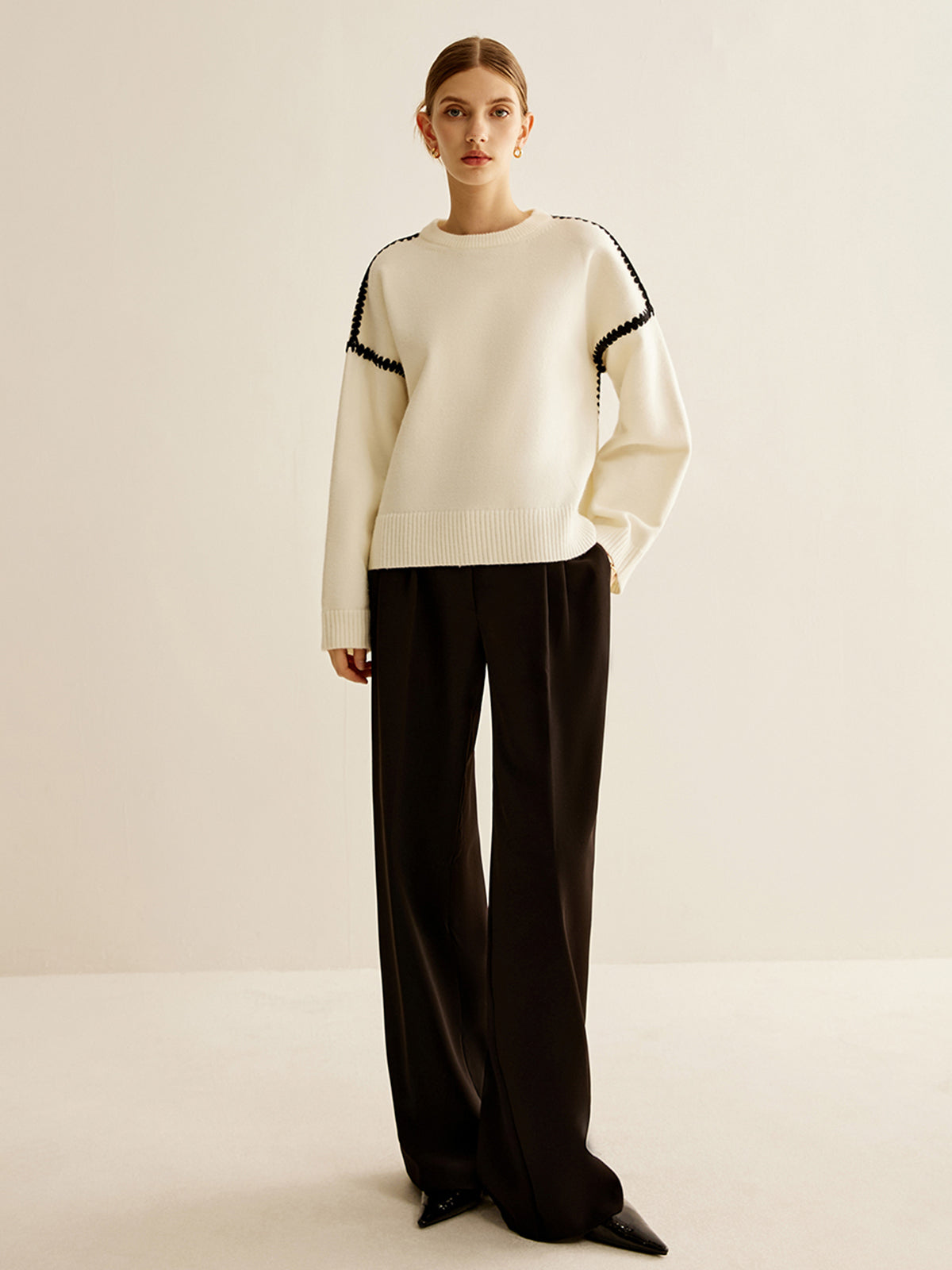 Minimalist Embroidered Trim Sweater