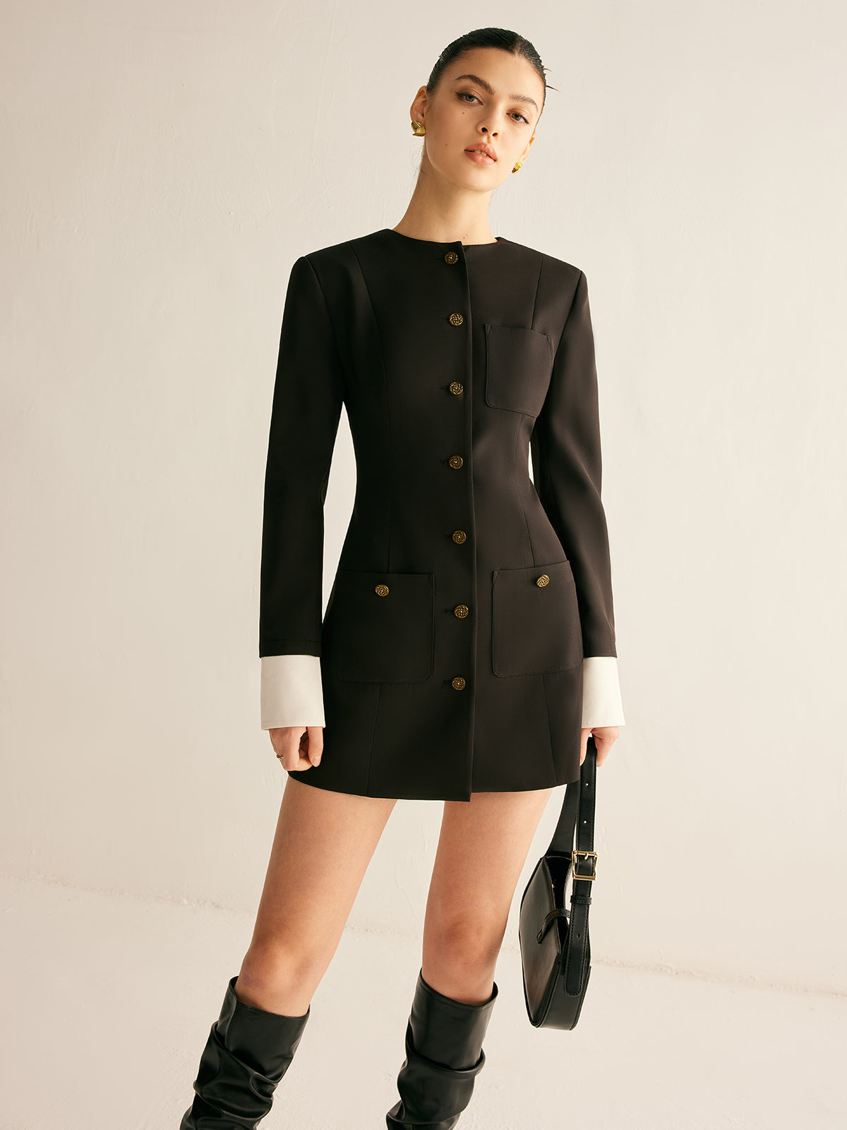 Adjustable-Collar Slim Blazer Dress