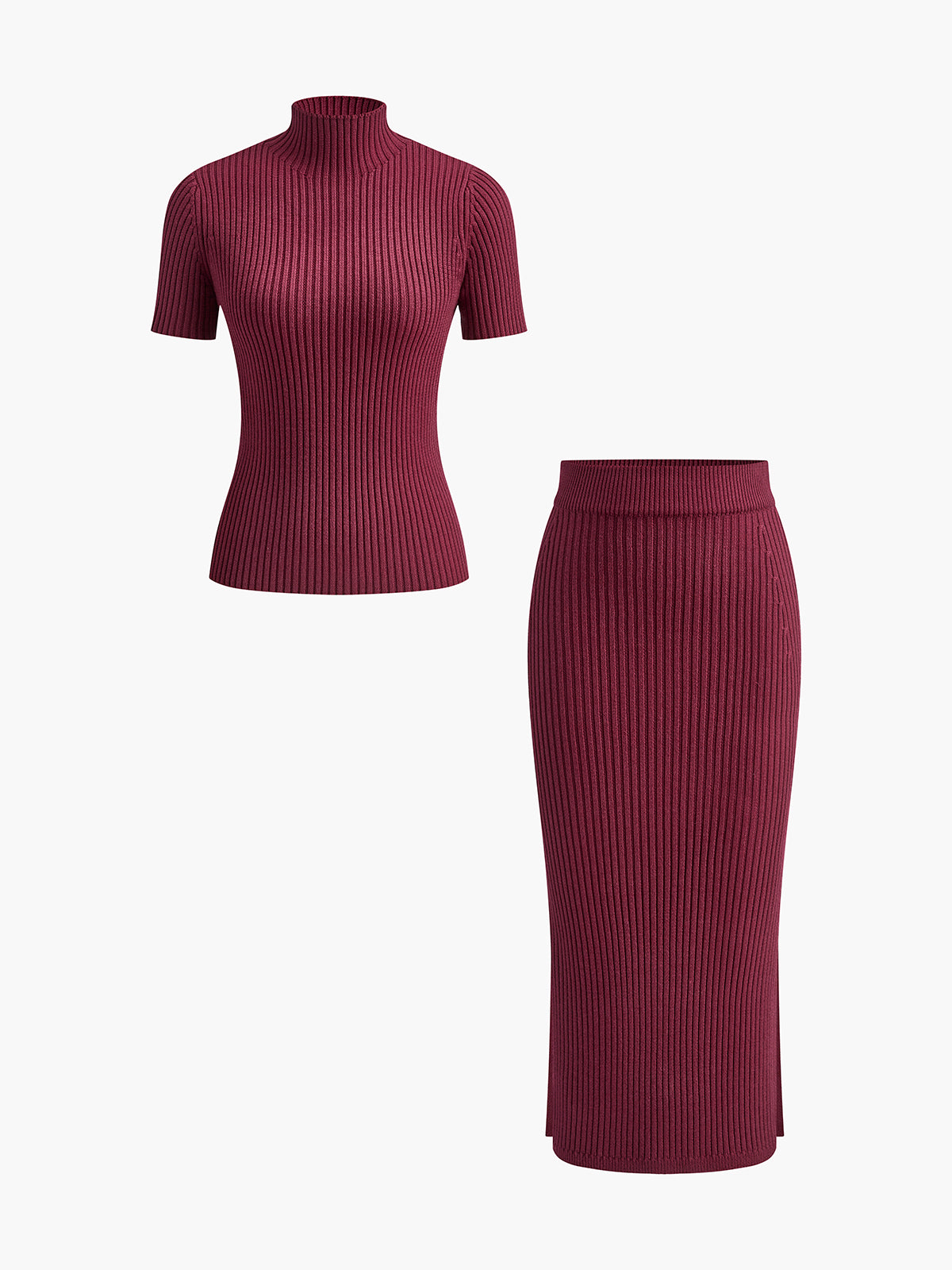 Solid High Neck Split Ribbed Knit Two Pieces Skirt Set