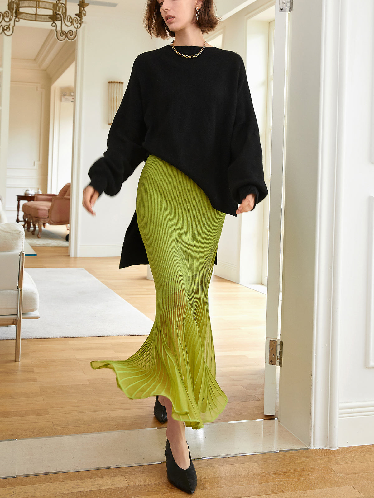 Knit Pleated Semi-sheer Maxi Skirt