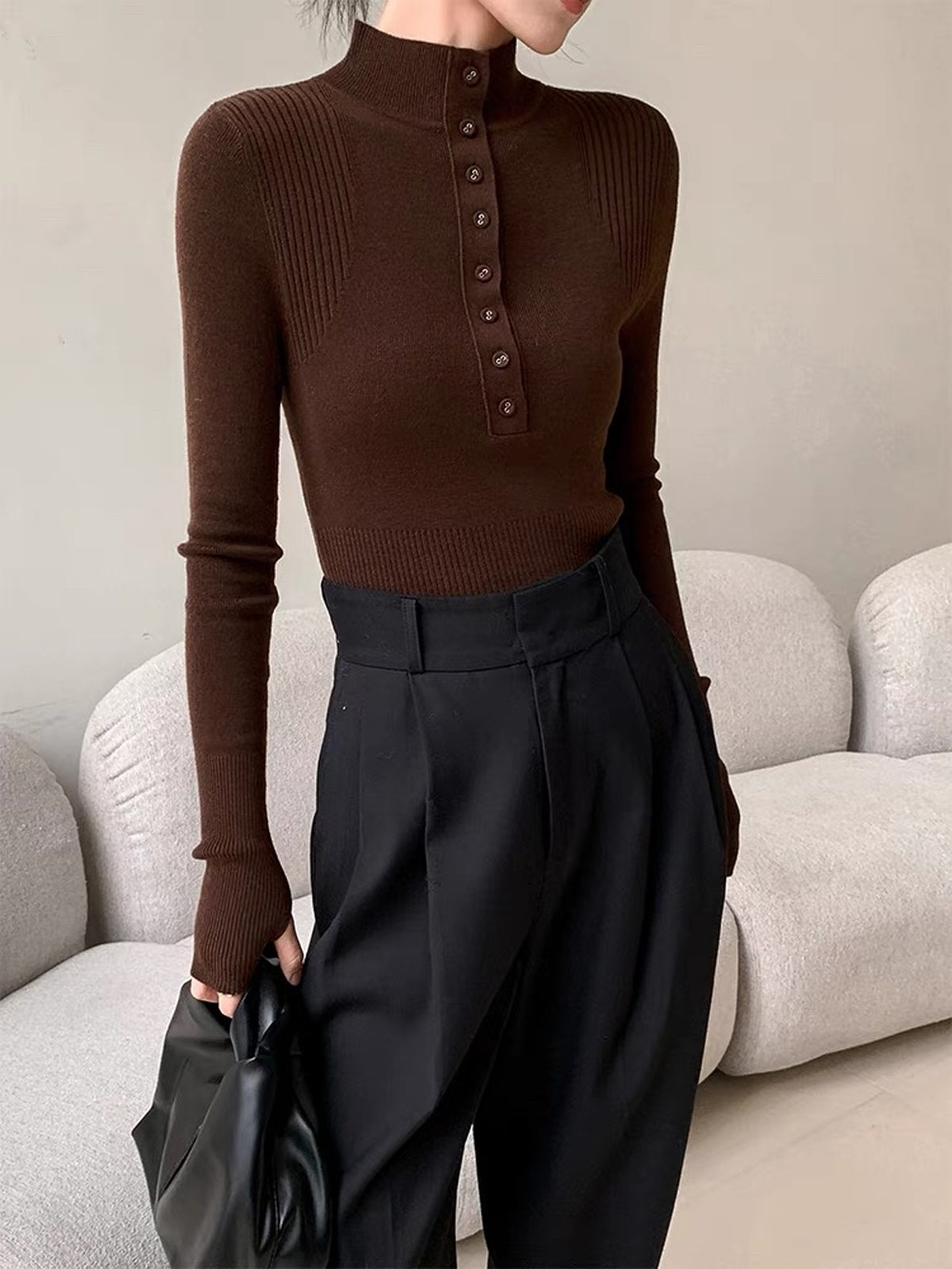 Mock Neck Breasted Slim Sweater