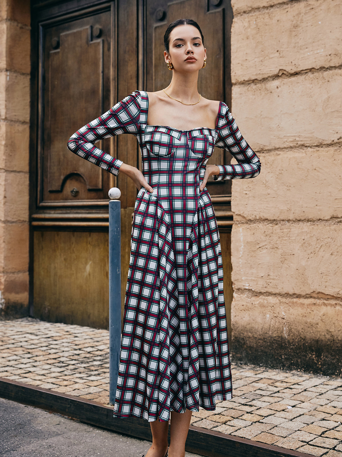 Sweetheart Plaid Pleated Dress