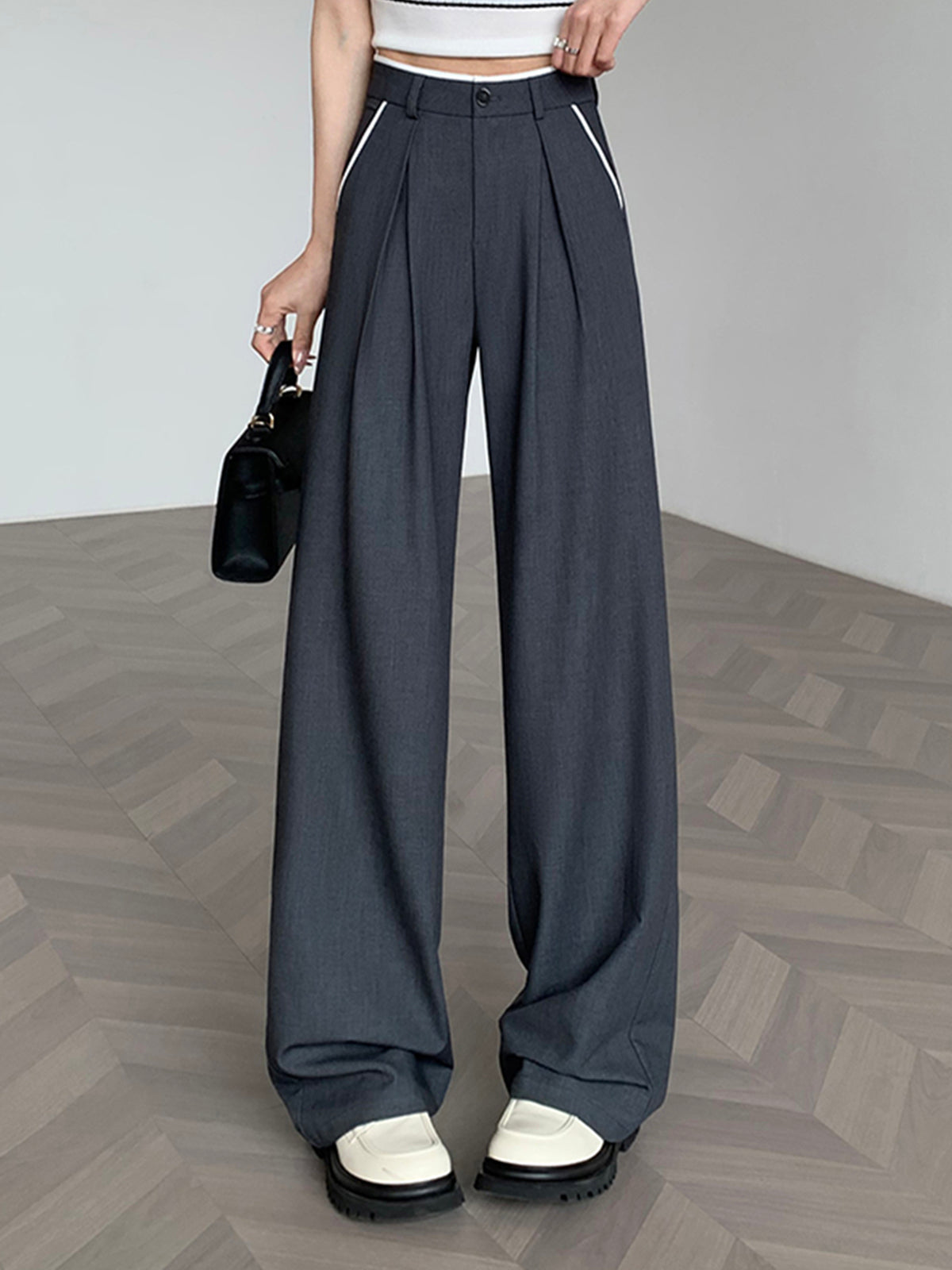 Contrast Trim Pleated Draped Pants