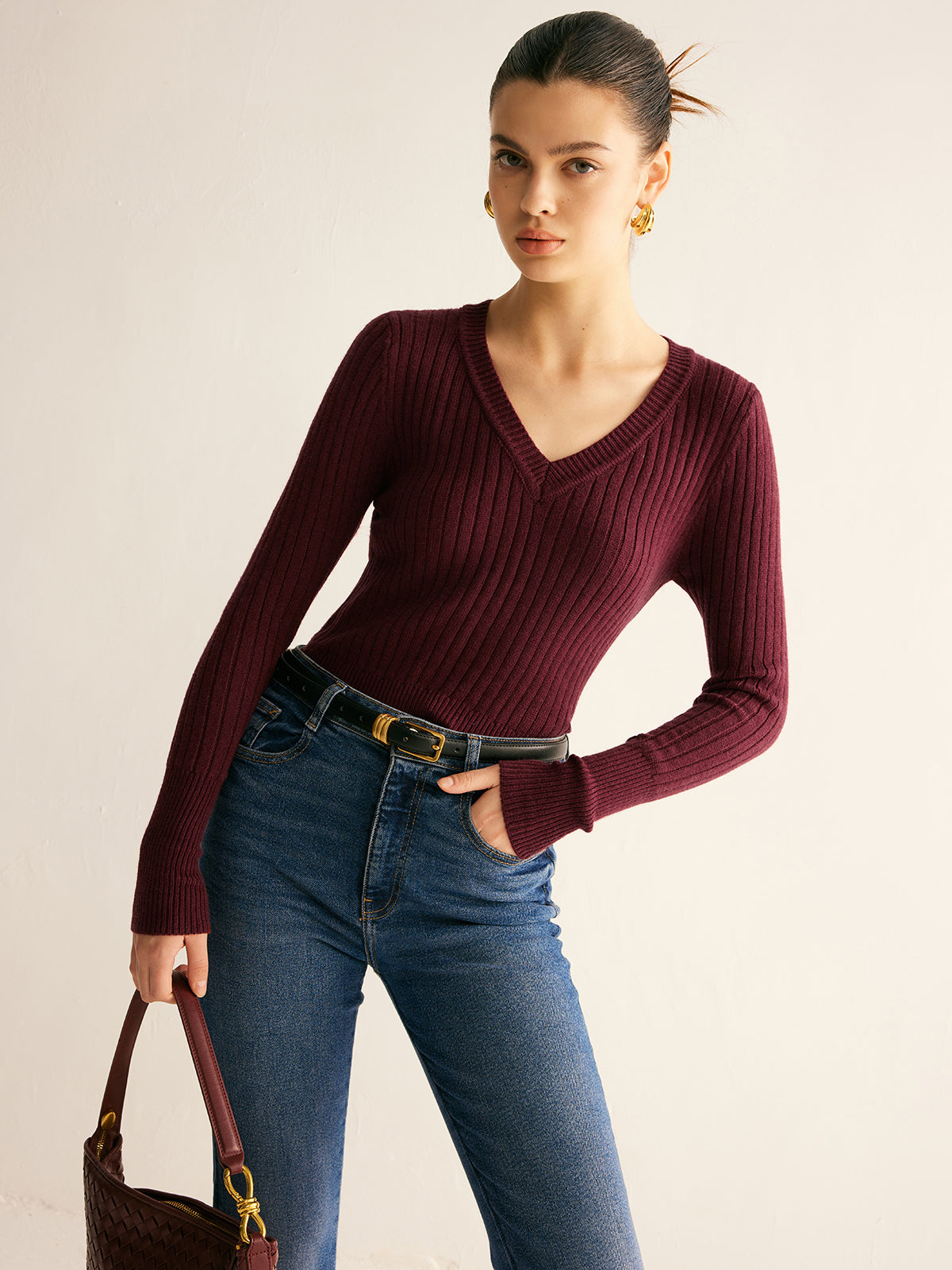 Ribbed V-Neck Skinny Sweater