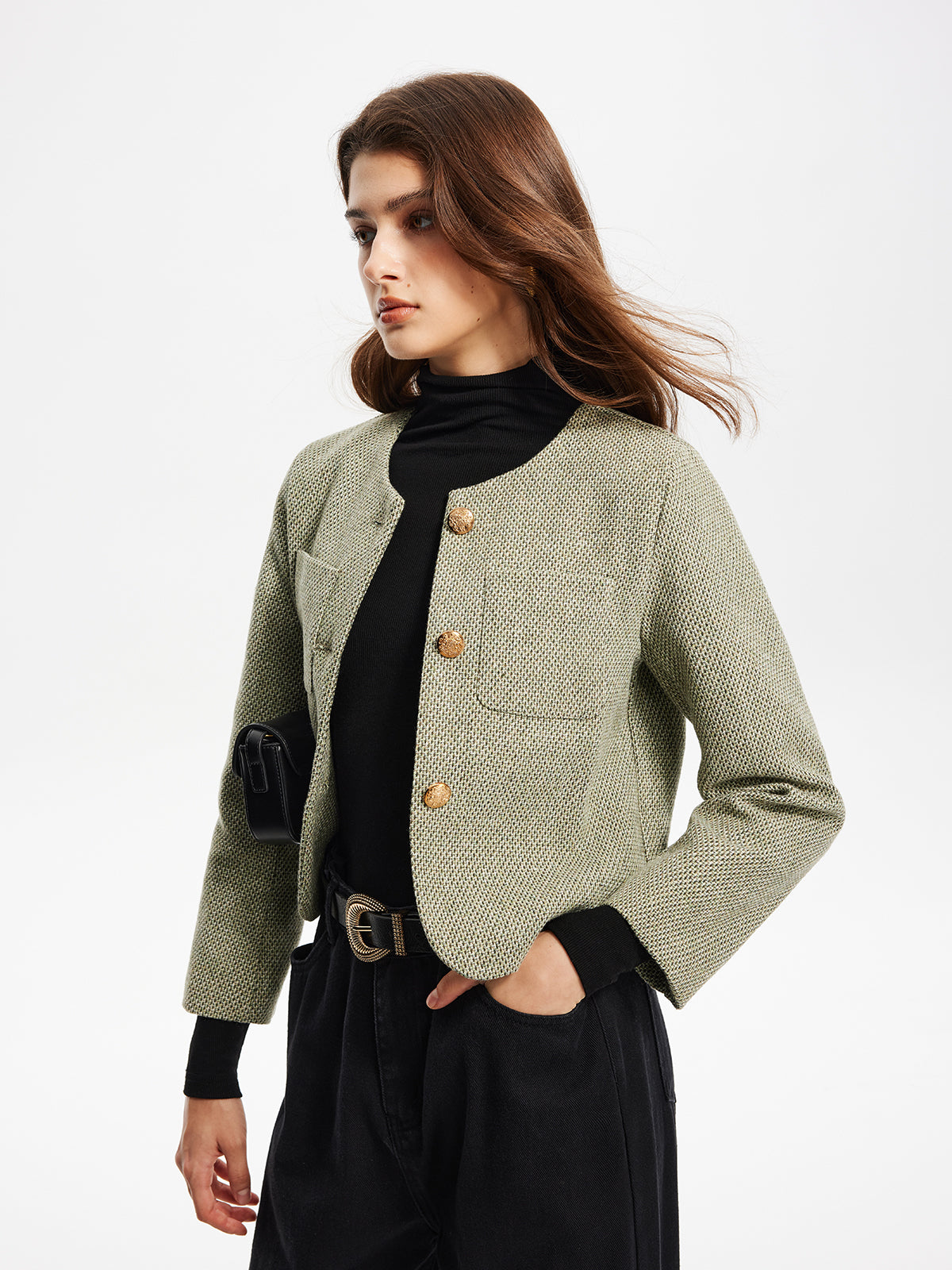 Round Neck Pockets Tweed Jacket