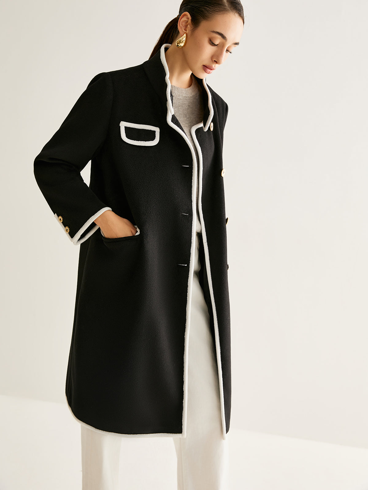 Stand Collar Contrast Trim Long Coat