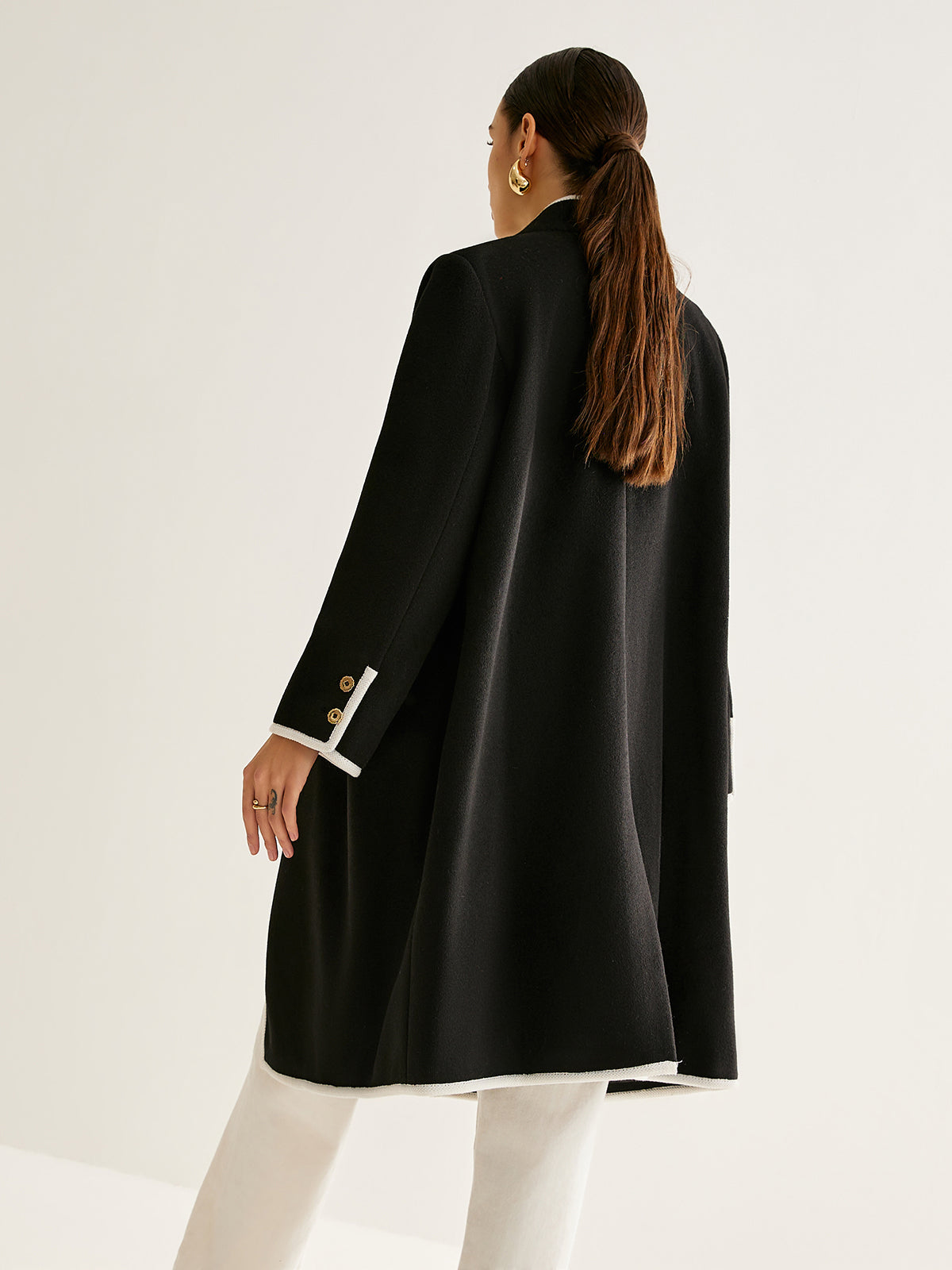 Stand Collar Contrast Trim Long Coat