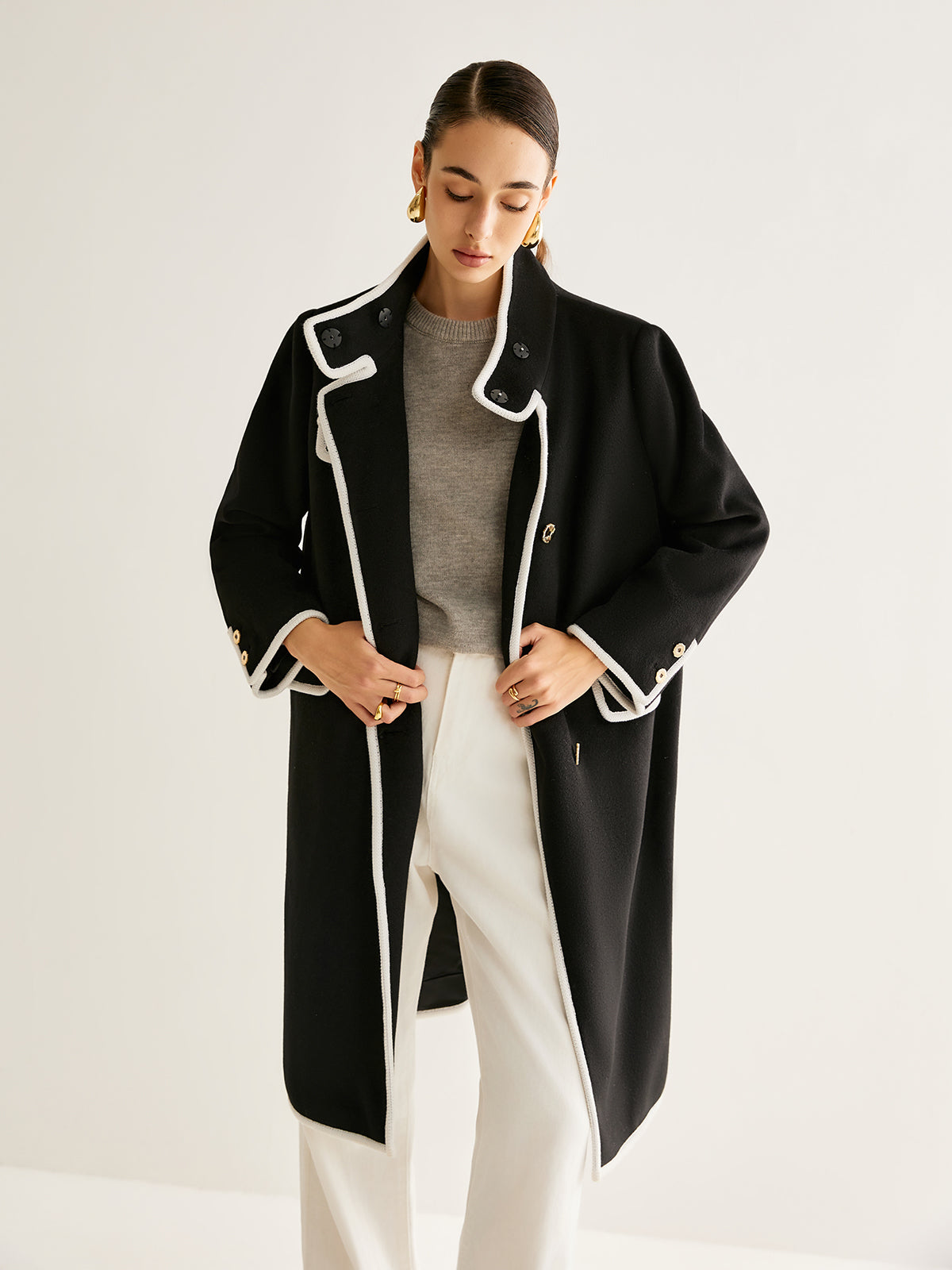 Stand Collar Contrast Trim Long Coat