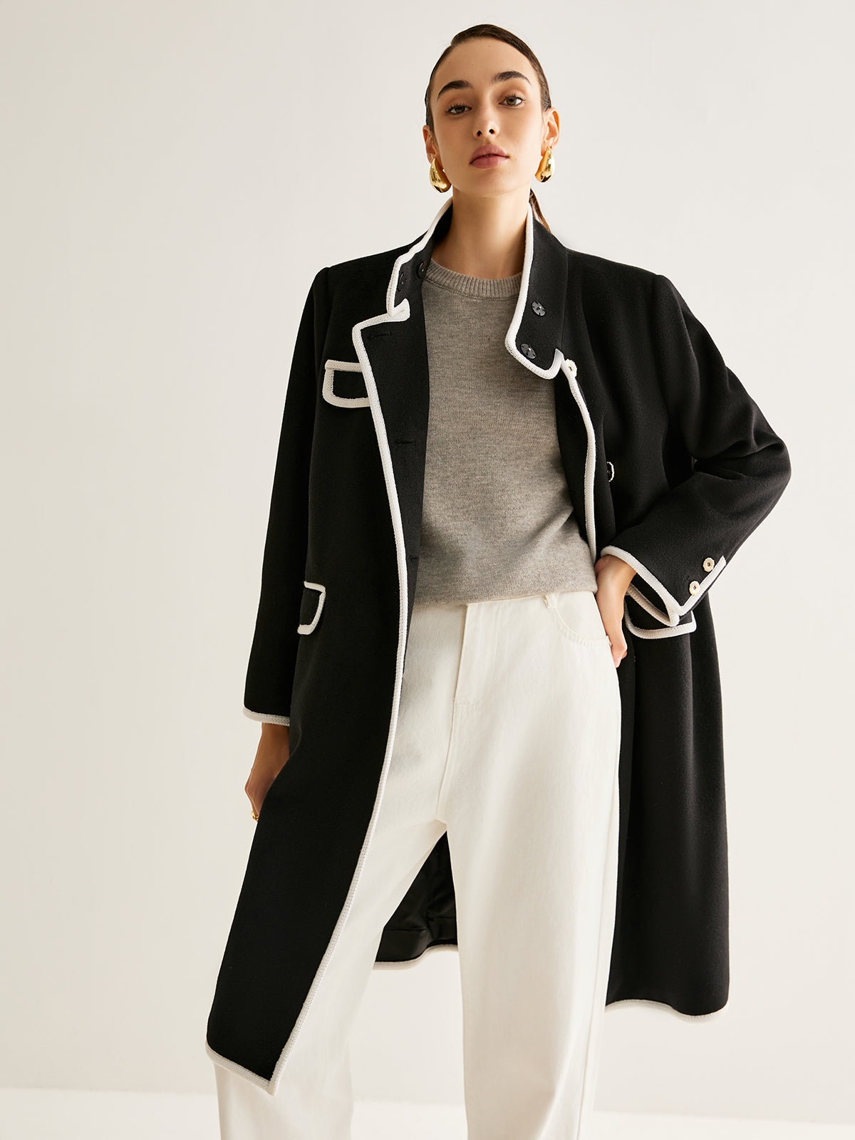 Stand Collar Contrast Trim Long Coat