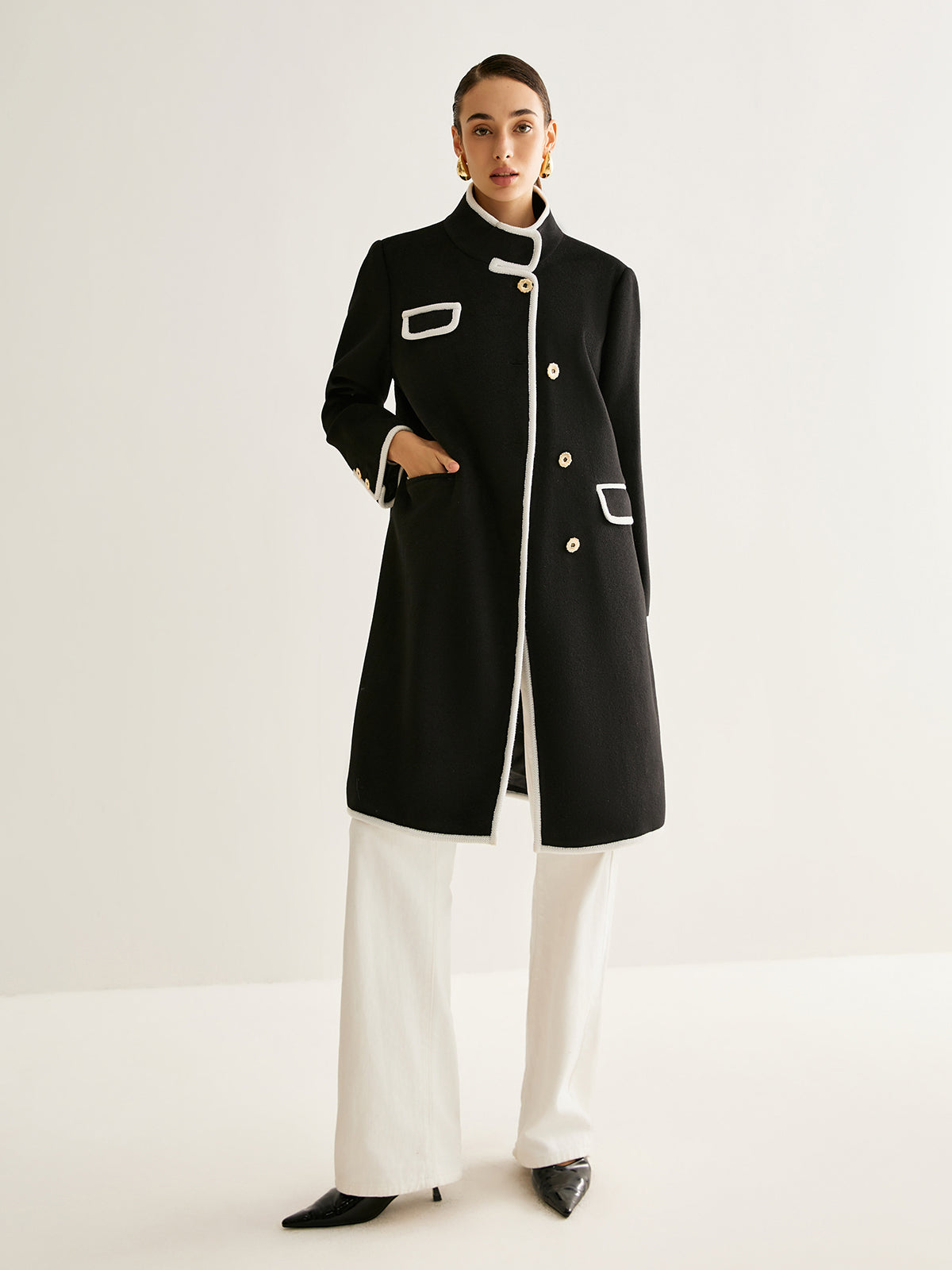 Stand Collar Contrast Trim Long Coat