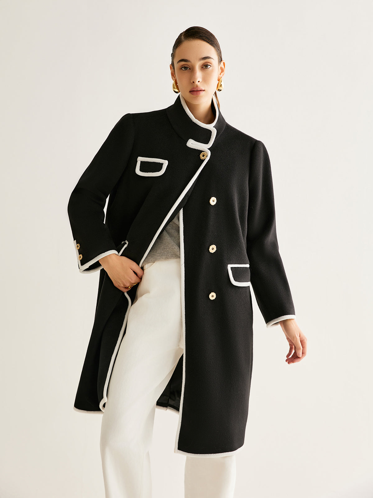 Stand Collar Contrast Trim Long Coat