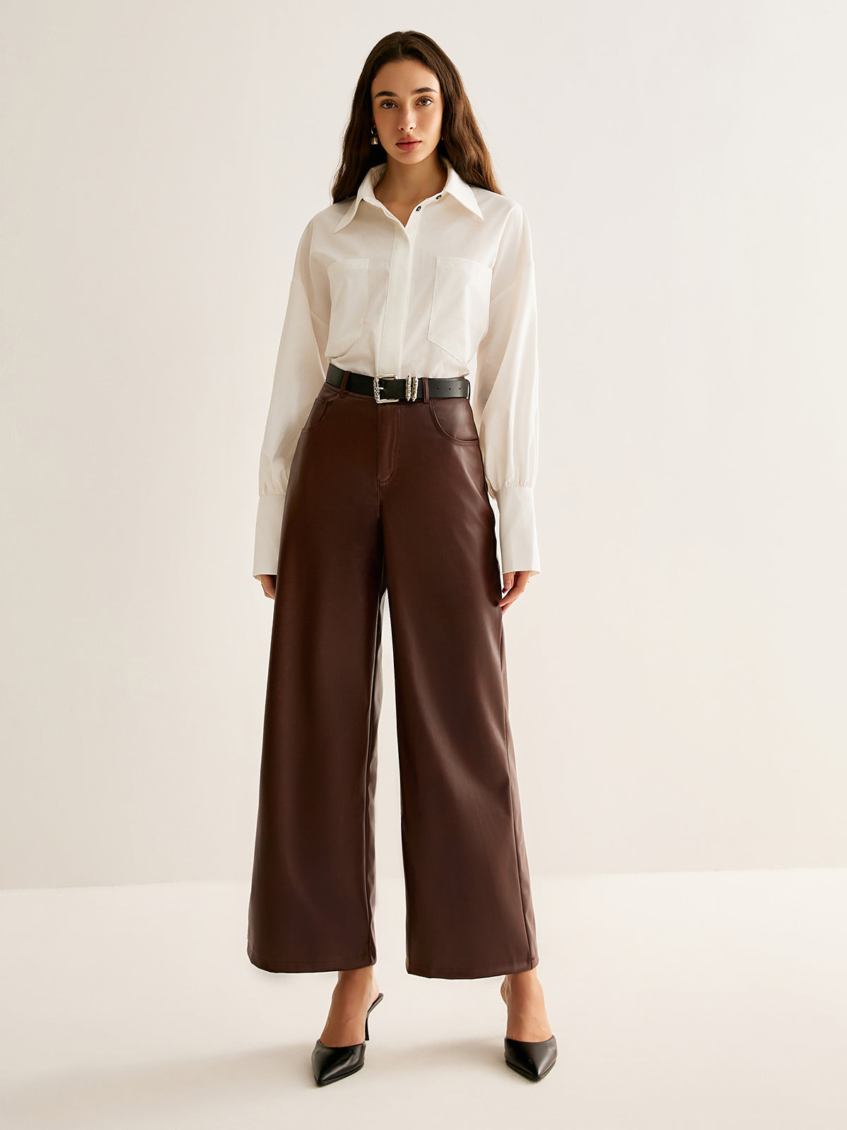 PU Leather Belted Straight Pants