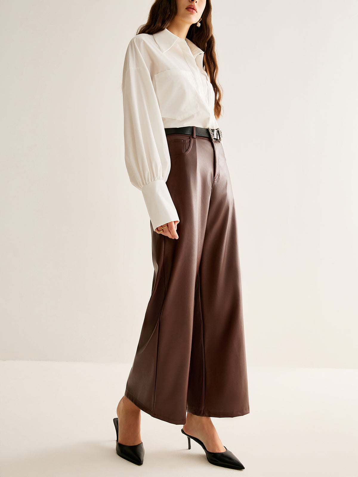 PU Leather Belted Straight Pants