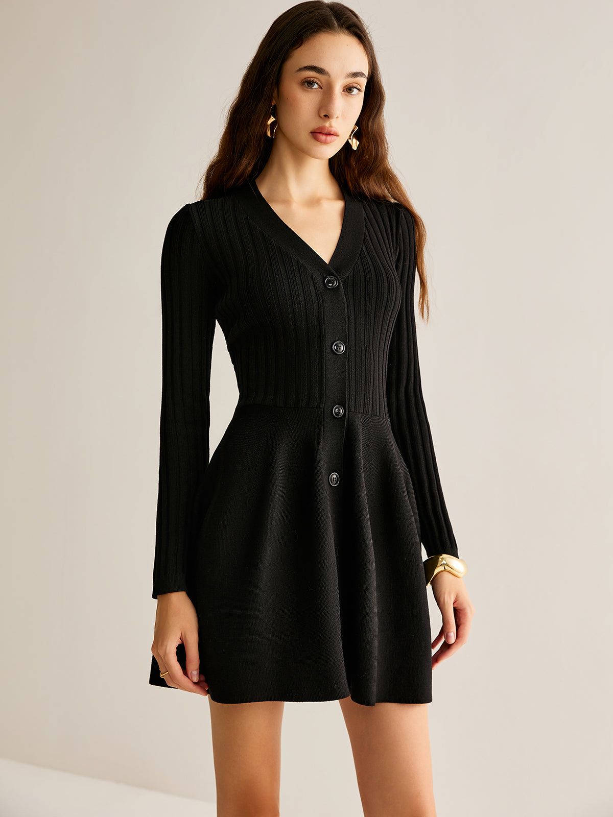 Breasted Flowy Sweater Short Dress