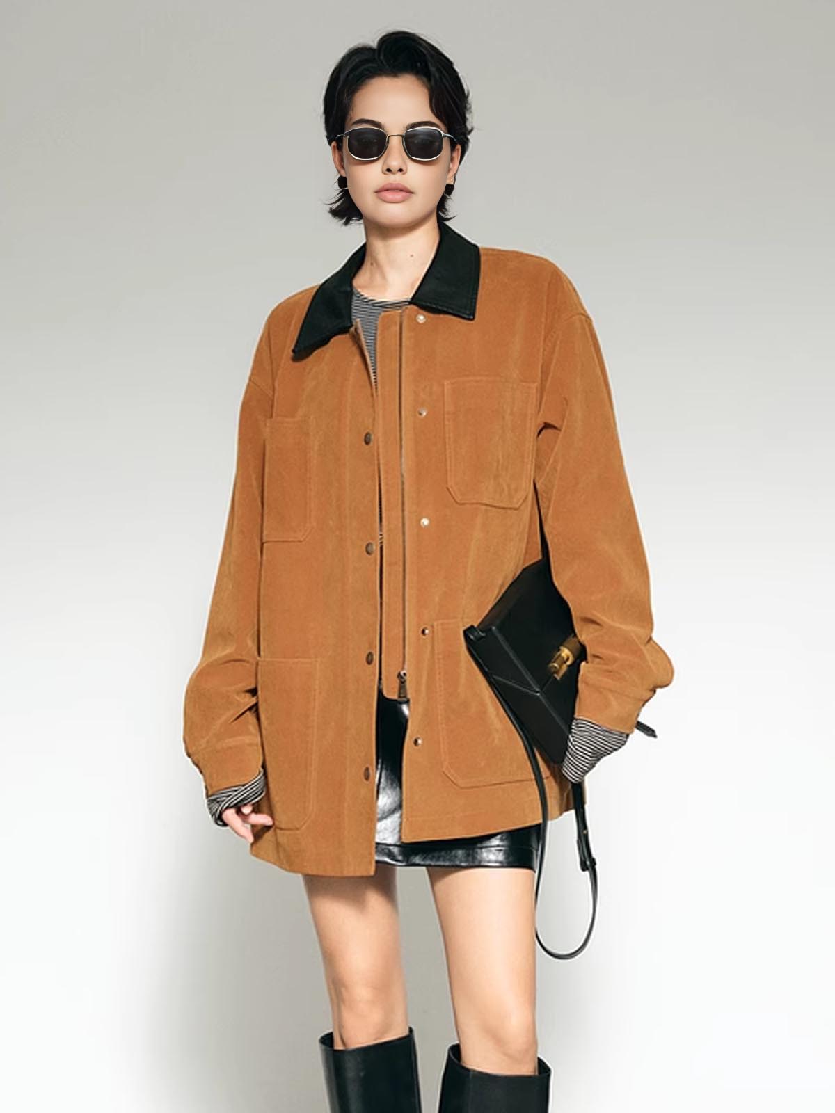 Contrast Collar Oversized Suede Jacket