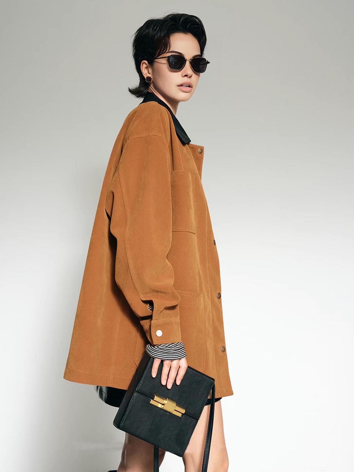 Contrast Collar Oversized Suede Jacket