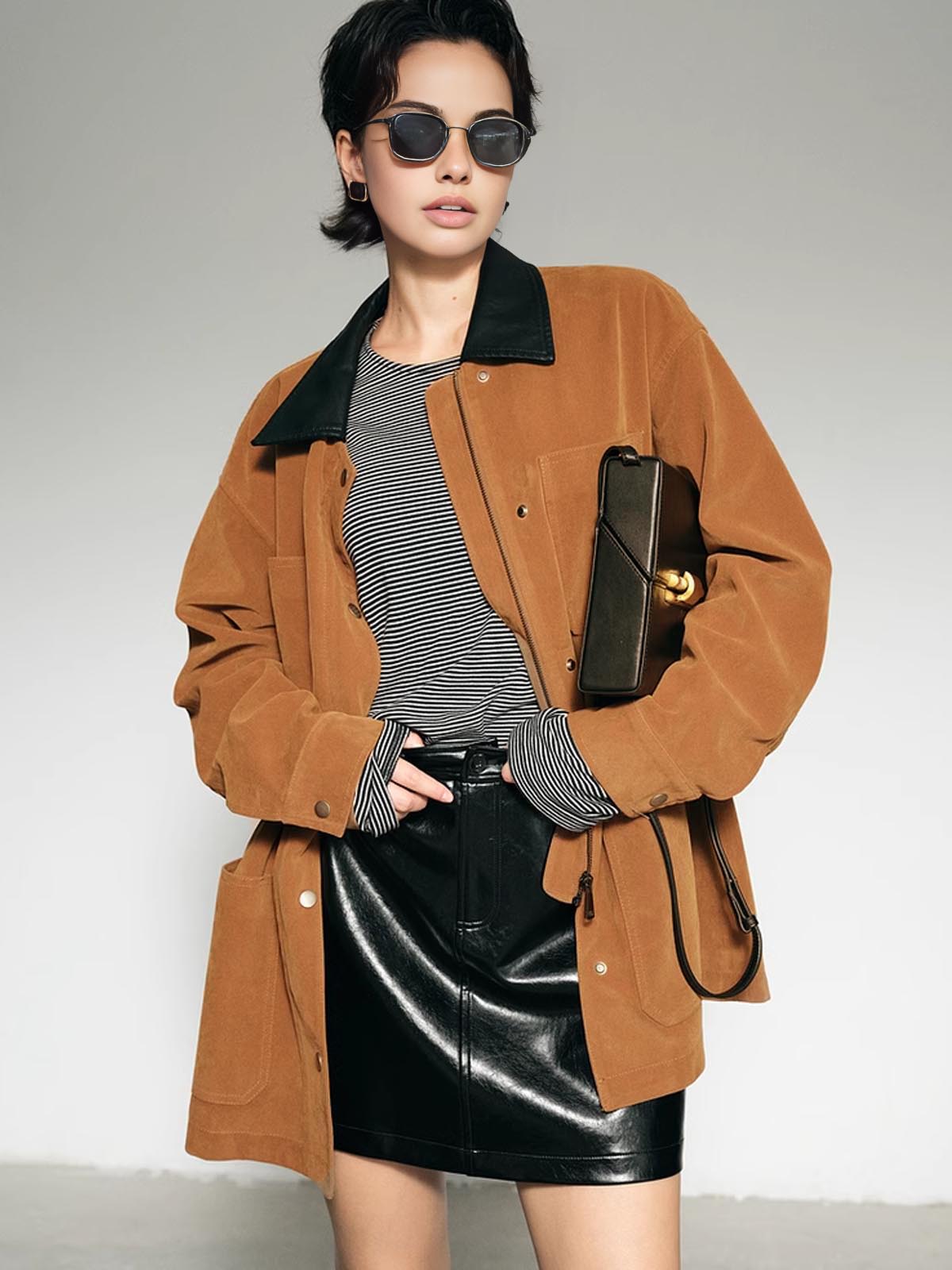 Contrast Collar Oversized Suede Jacket