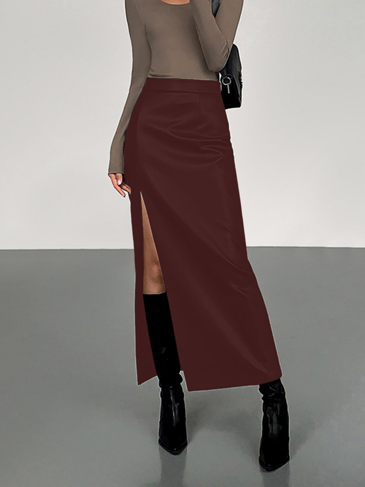 Side Split PU Leather Midi Skirt