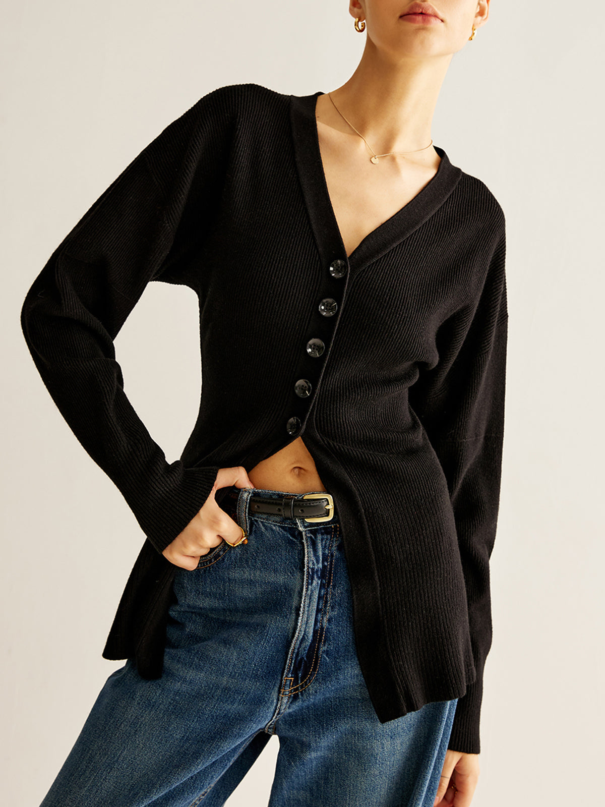 V-Neck Button Slit Cardigan