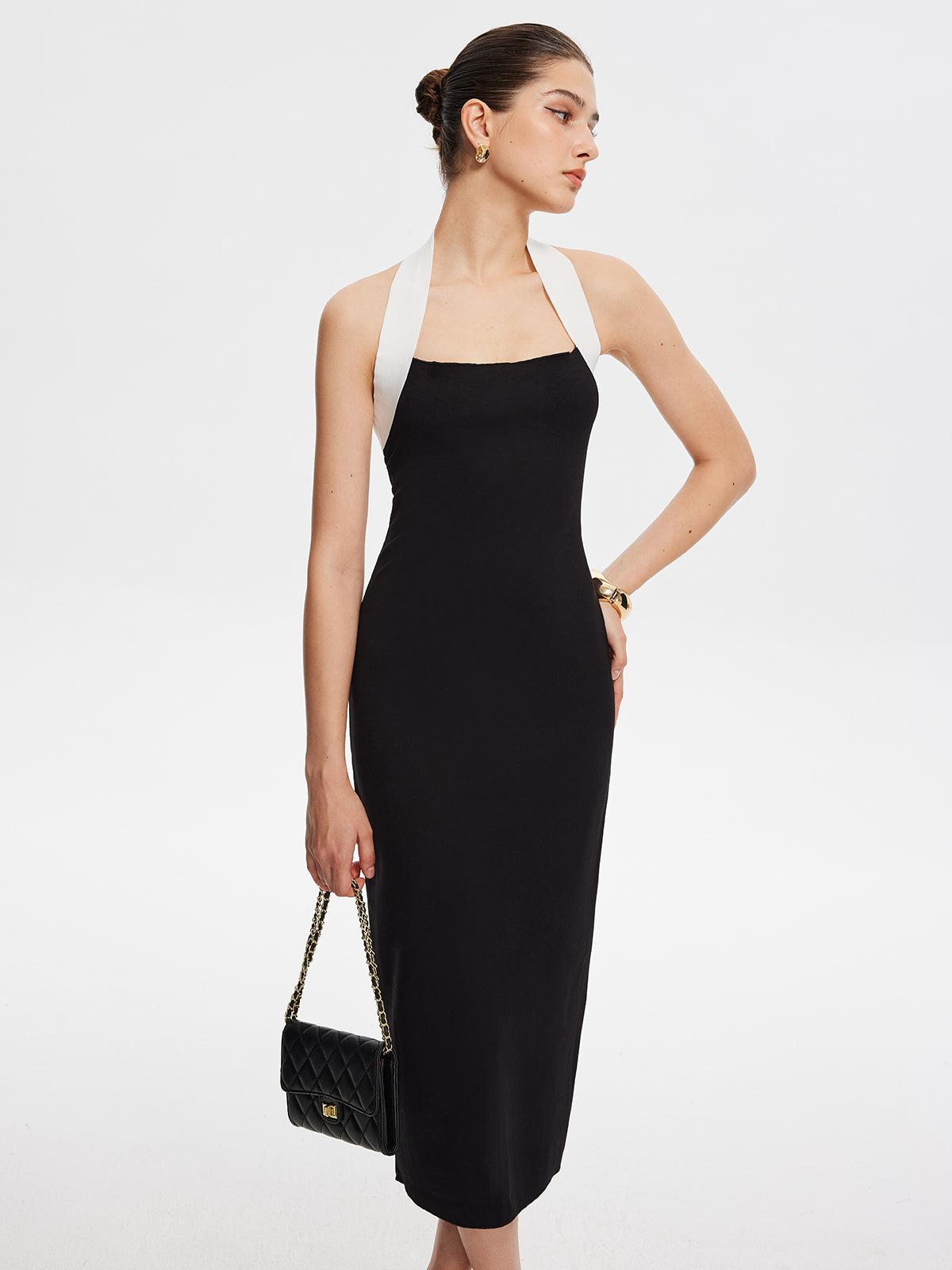 Contrast-Halter Slim Jersey Dress