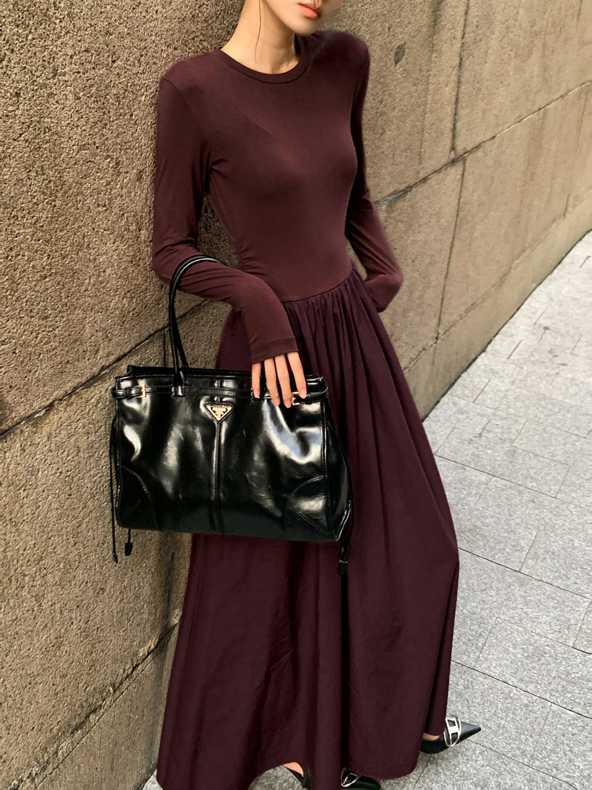 Plain Long Sleeve Pleated Dress