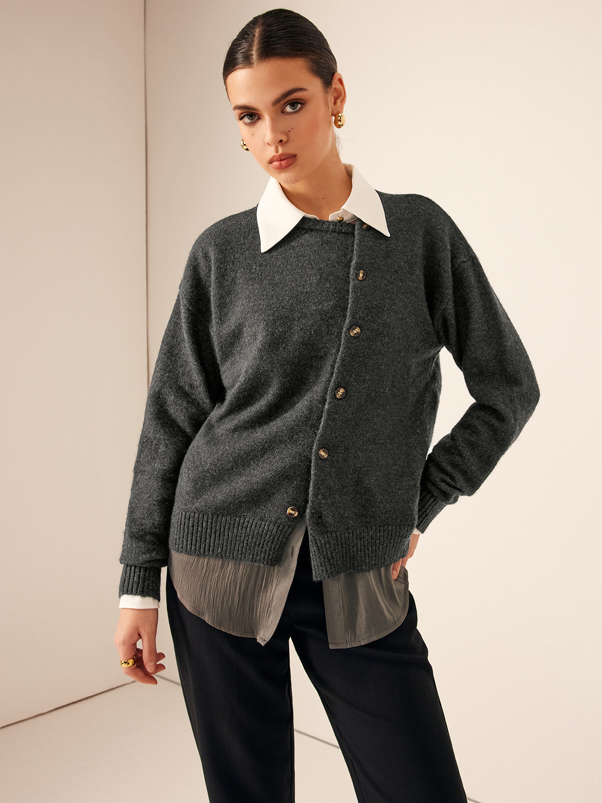 Asymmetrical Button-Down Crew Neck Cardigan