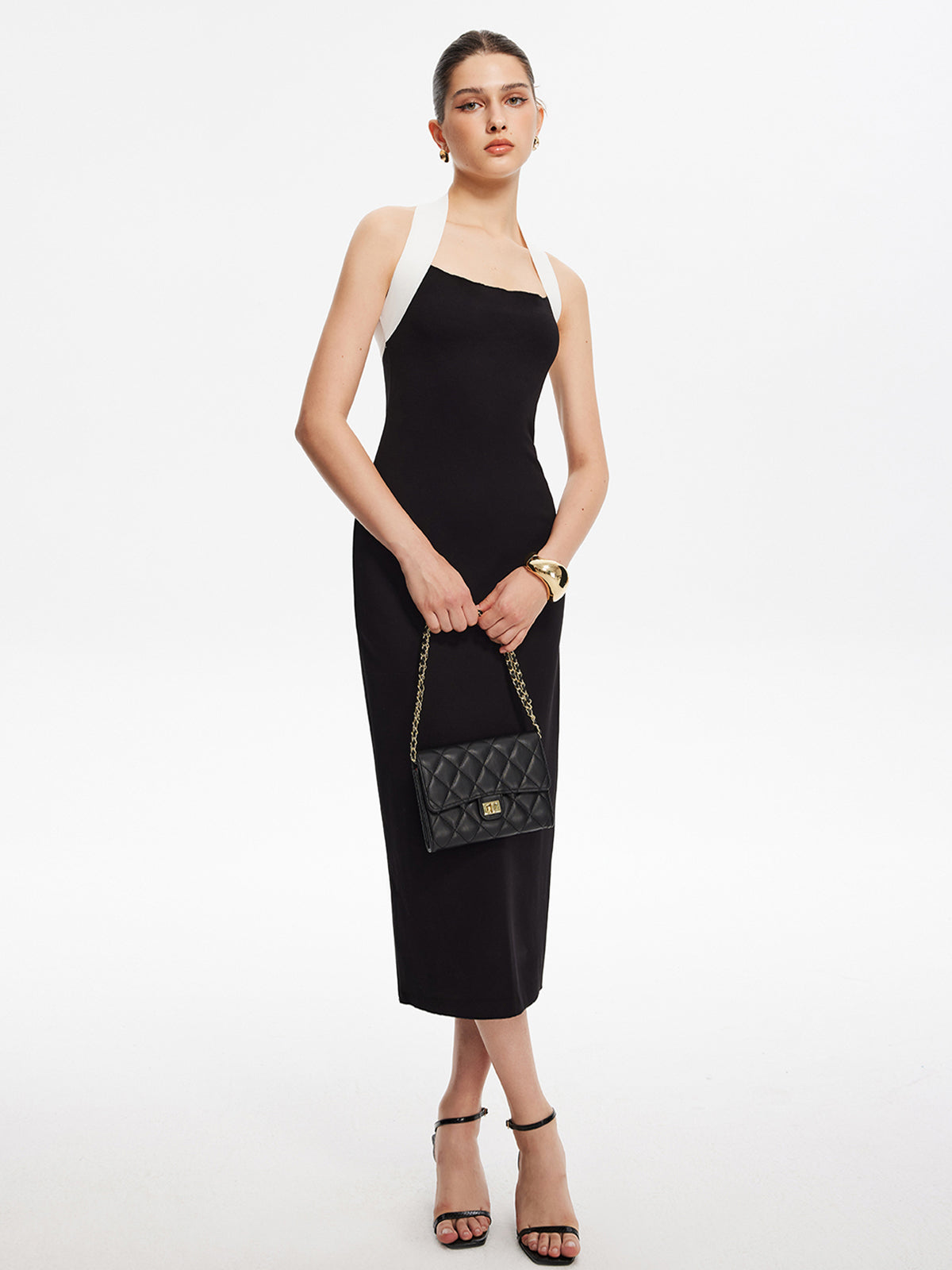 Contrast-Halter Slim Jersey Dress