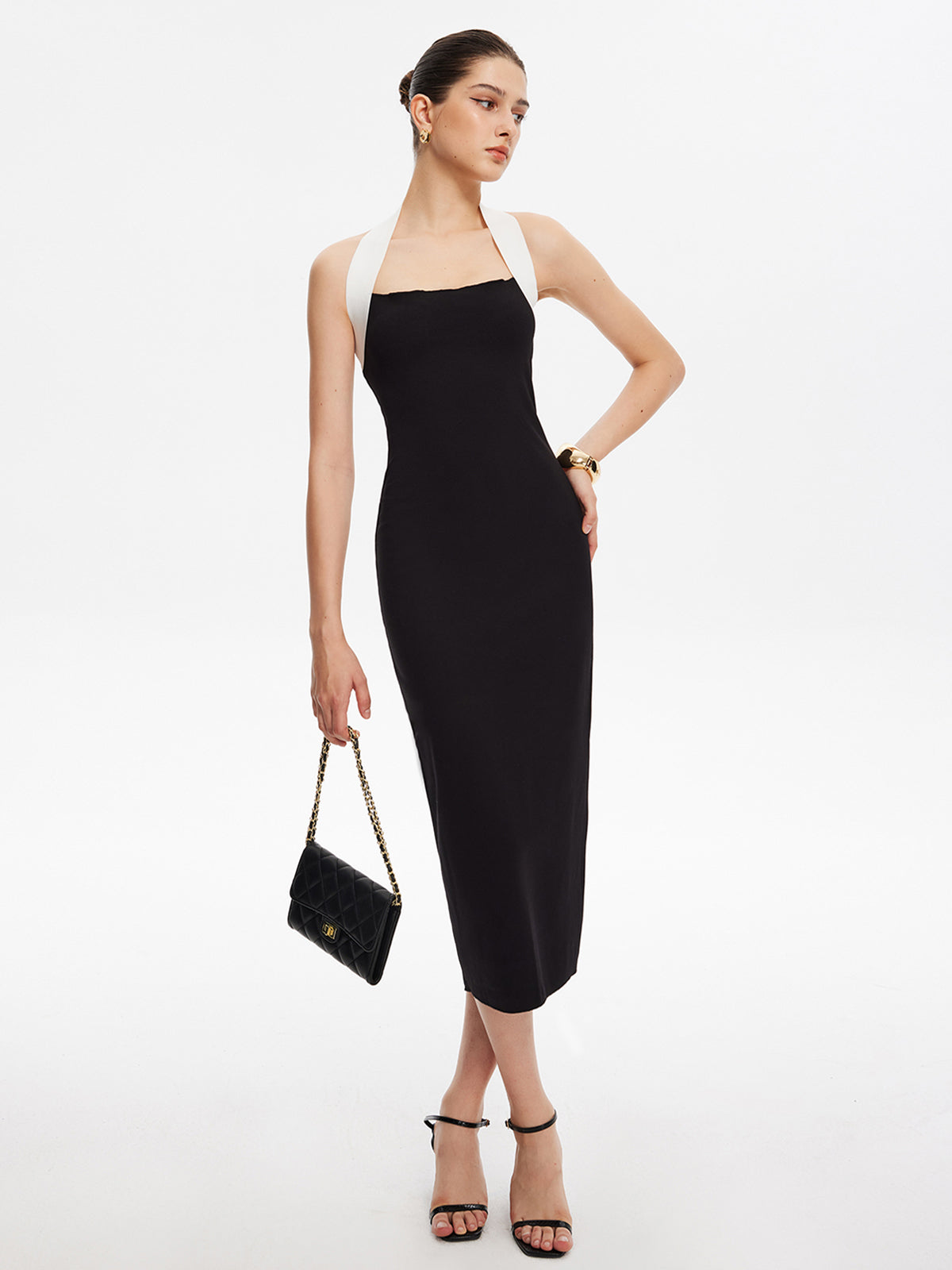 Contrast-Halter Slim Jersey Dress