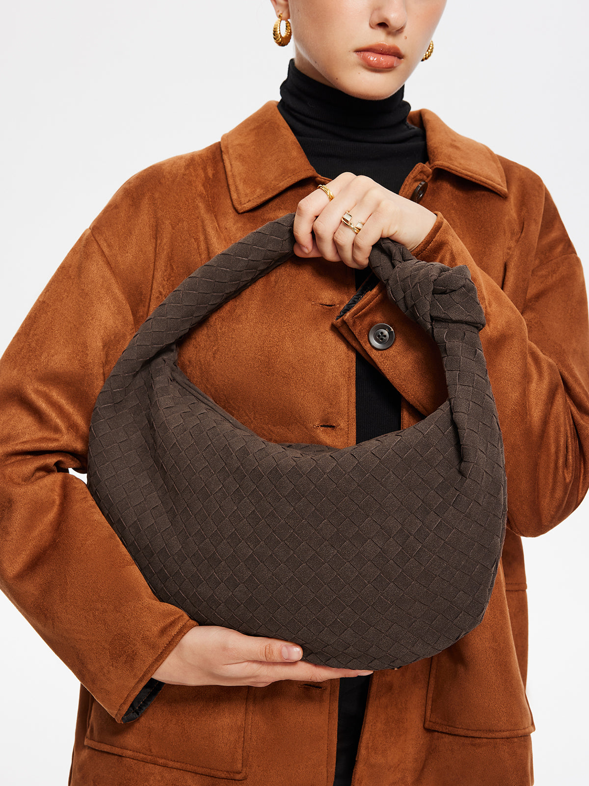 Rounded Woven Knotted Suede Bag