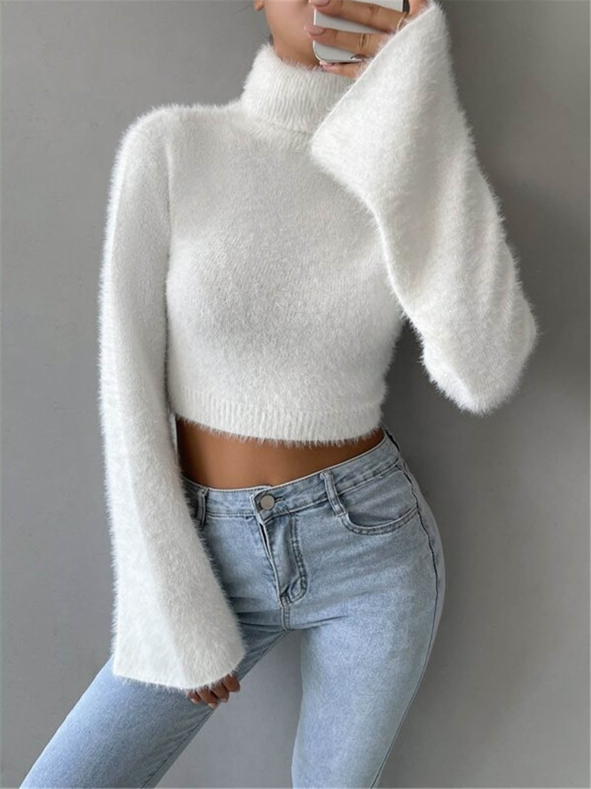 Turtleneck Fuzzy Crop Knit Top