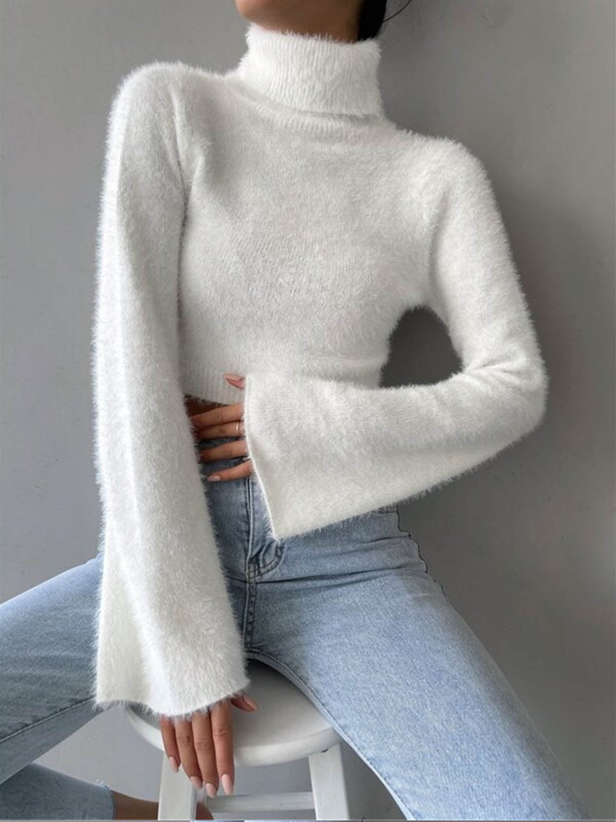 Turtleneck Fuzzy Crop Knit Top