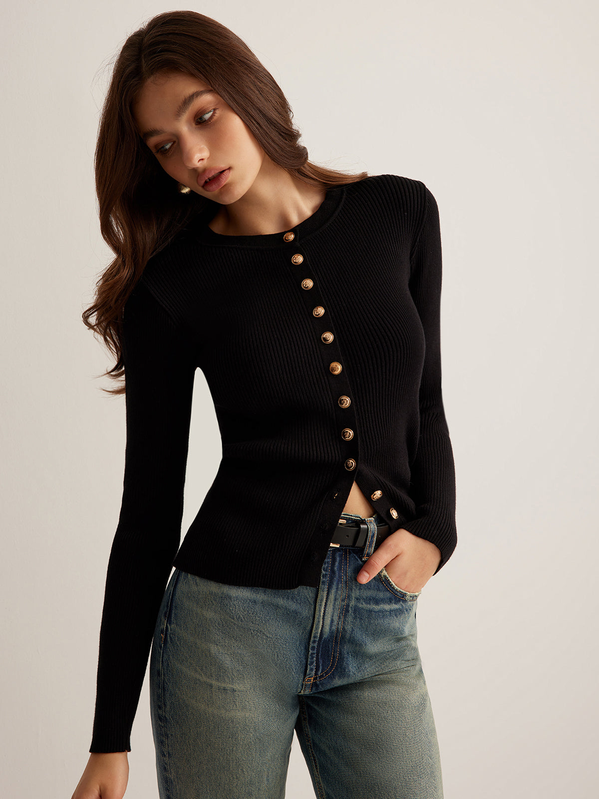 Button Down Skinny Knit Top