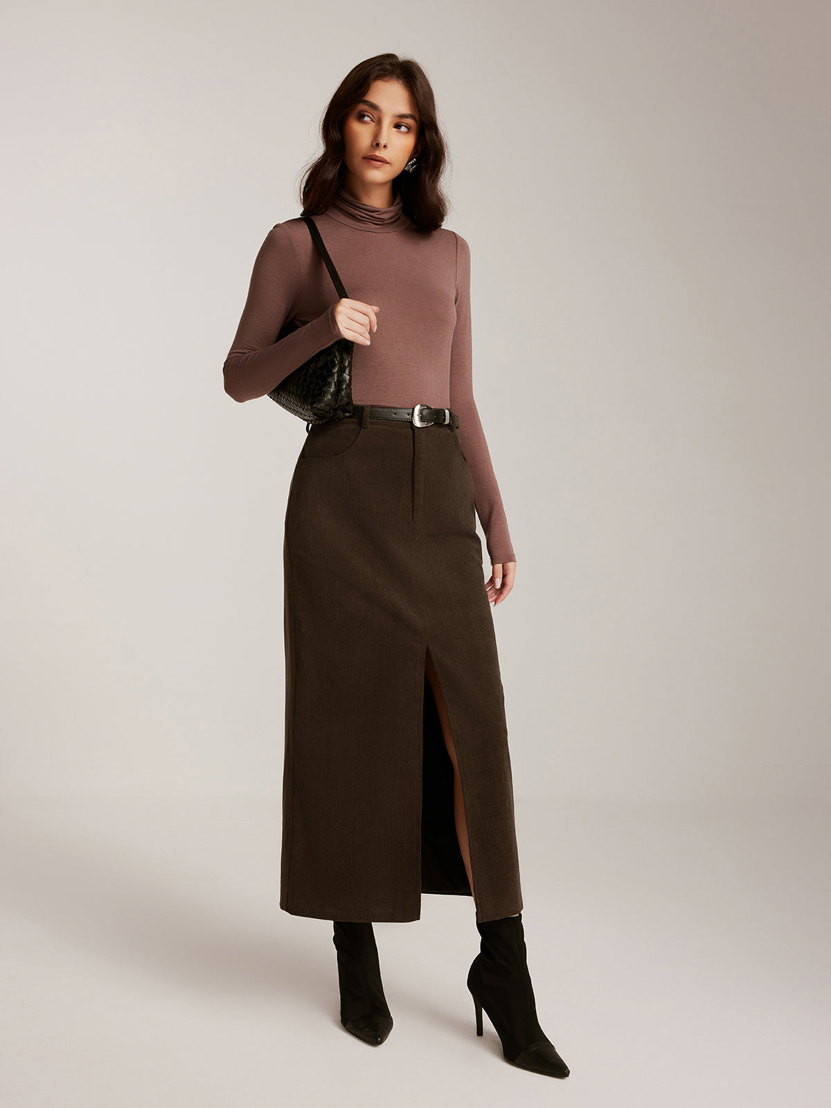 Corduroy Split Belted Midi Skirt